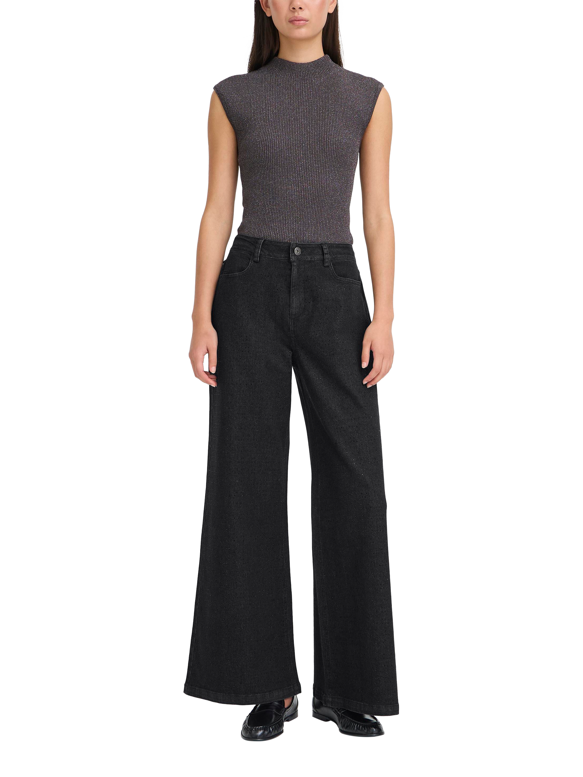 Product image 3 of 7, which shows ICHI Braidy Wide Leg Jeans, Washed Black, 25R
