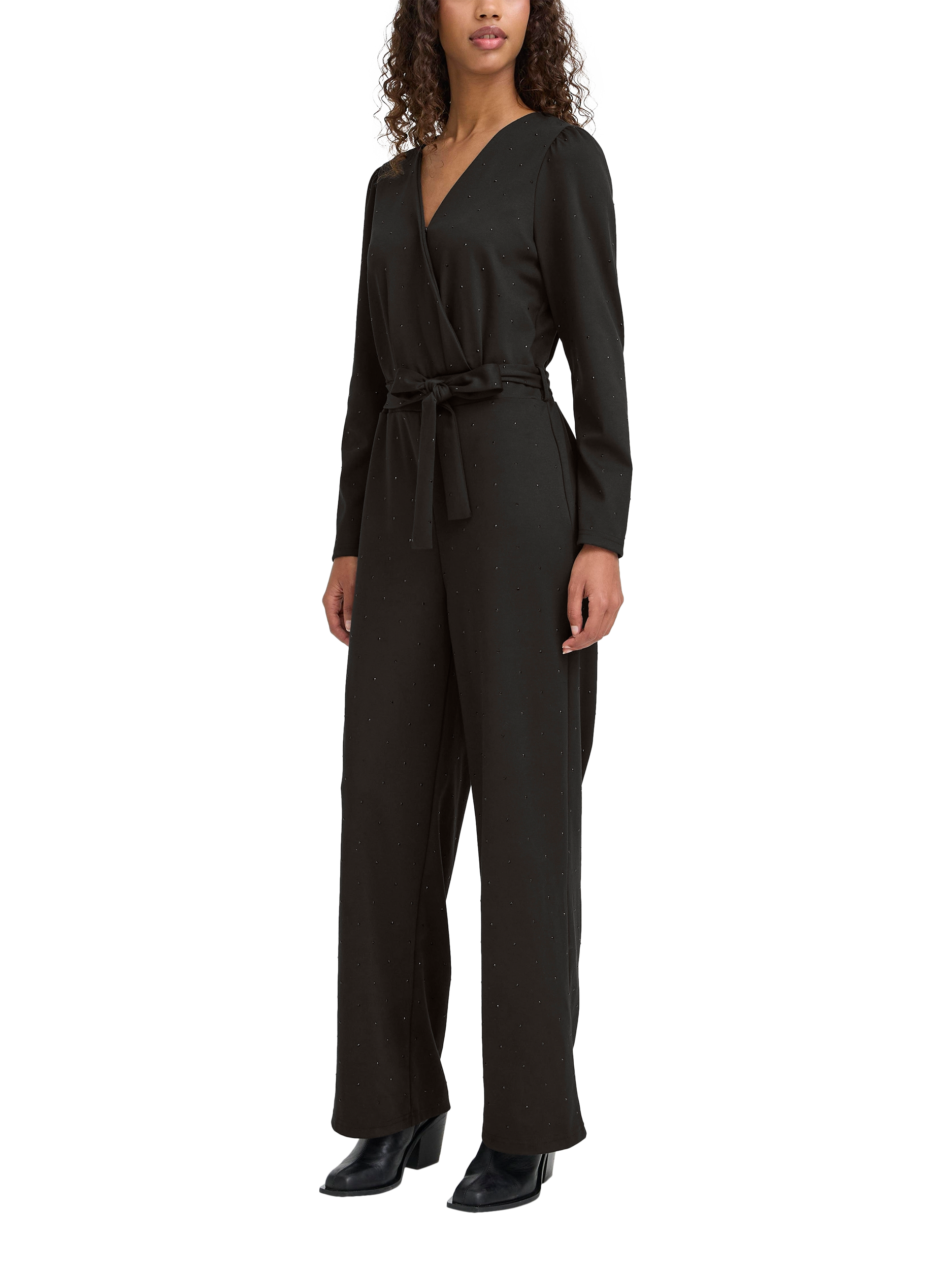 Product image 1 of 7, which shows ICHI Kate Rhineshine Collared Neck Jumpsuit , Black, XS