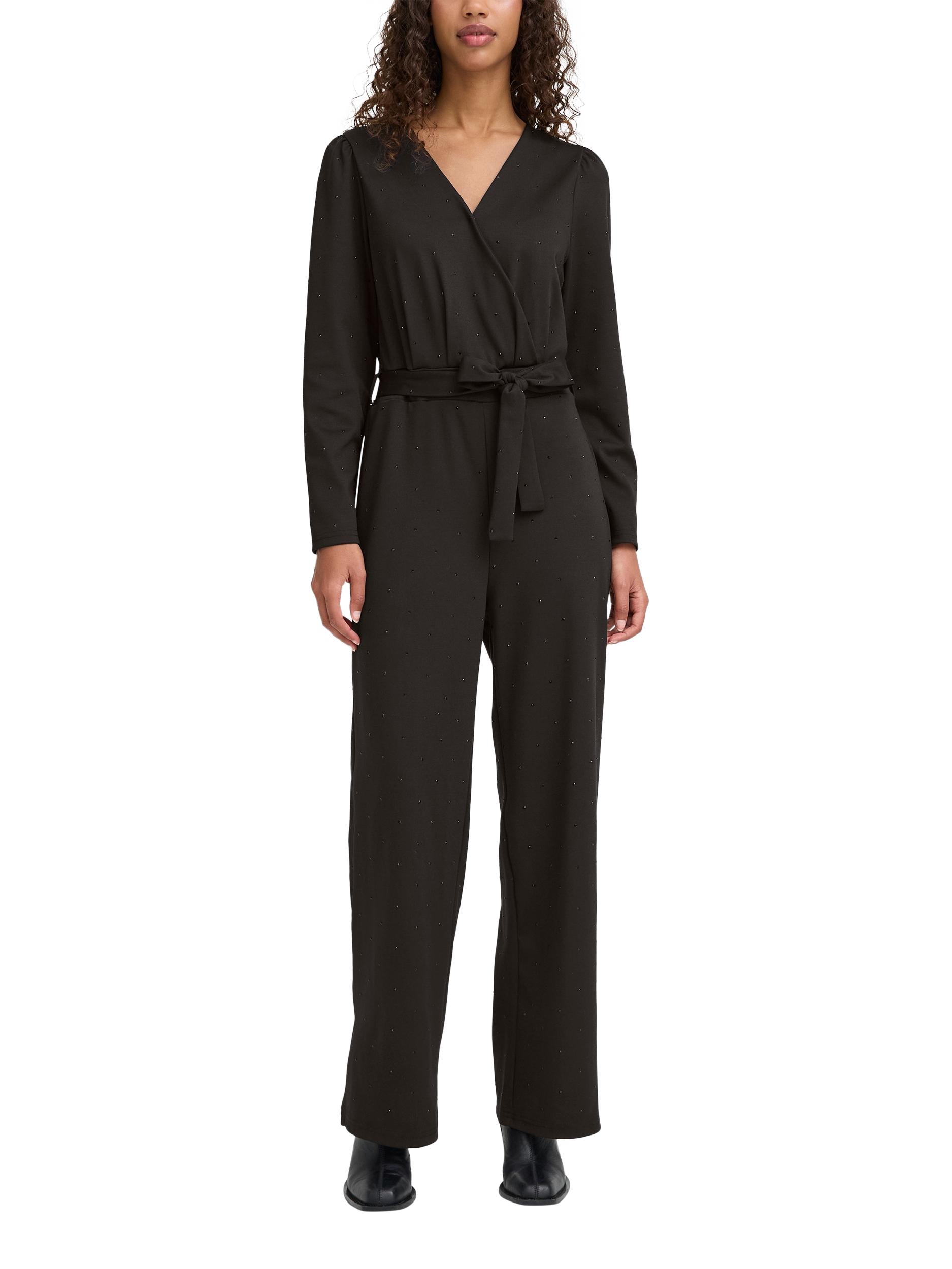 Product image 3 of 7, which shows ICHI Kate Rhineshine Collared Neck Jumpsuit , Black, XS
