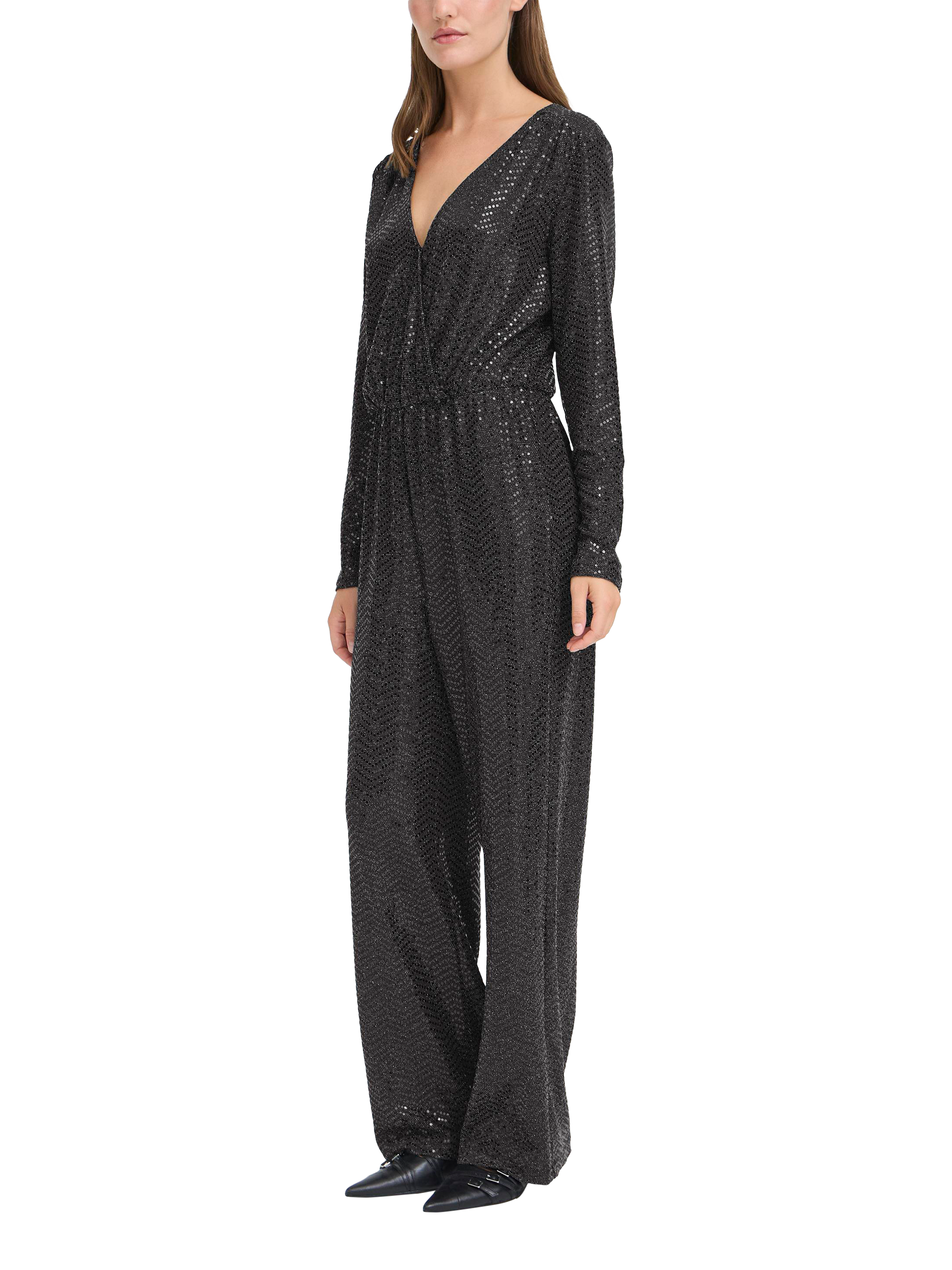 Product image 1 of 7, which shows ICHI Nelenia V-Neck Long Sleeve Sequin Jumpsuit , Black, S