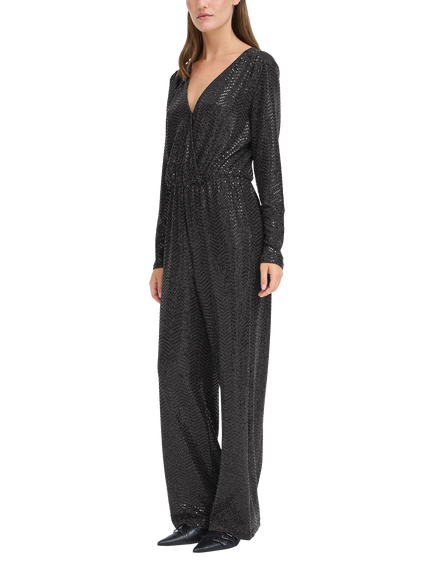 ICHI Nelenia V-Neck Long Sleeve Sequin Jumpsuit, Black