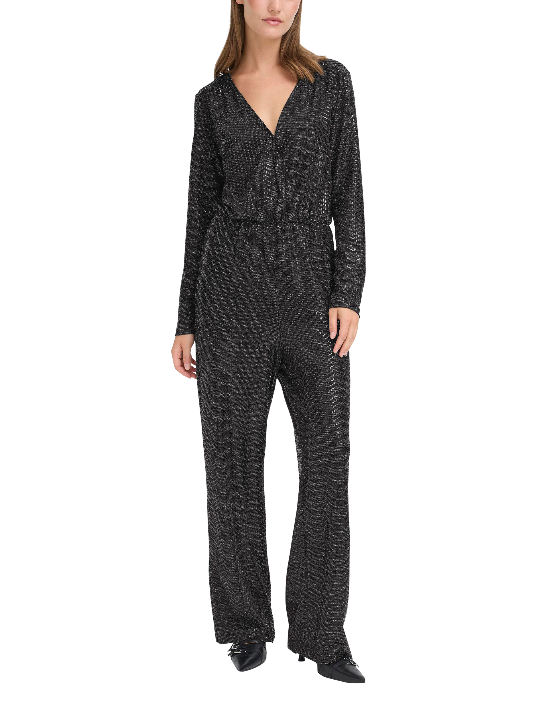 Product image 3 of 7, which shows ICHI Nelenia V-Neck Long Sleeve Sequin Jumpsuit , Black, S
