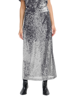 ICHI Princa Sequin A-Line Midi Skirt, Silver