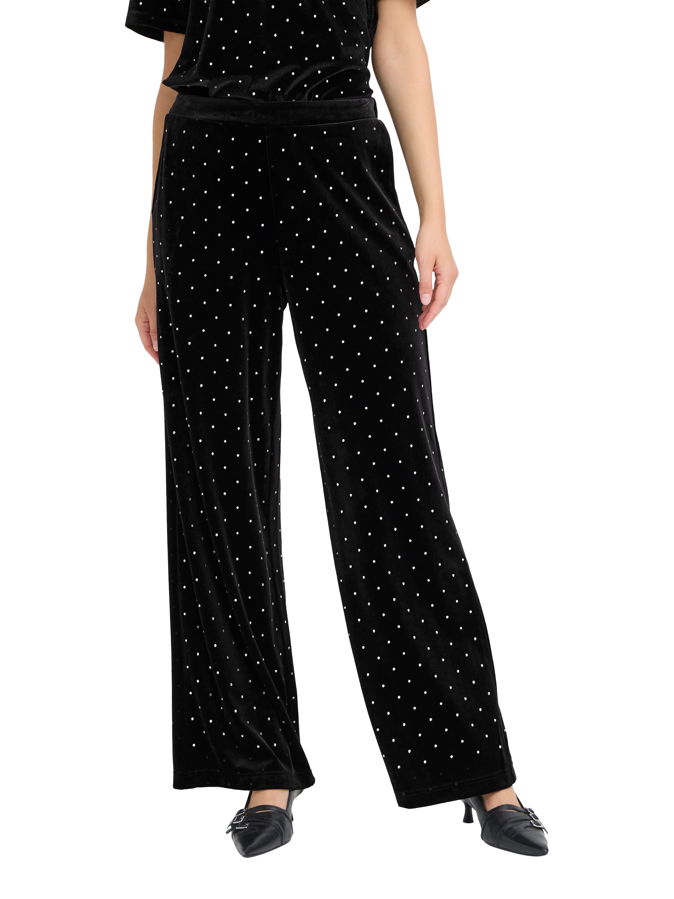 Product image 1 of 7, which shows ICHI Darla Embellished Wide Leg Trousers, Black, XS