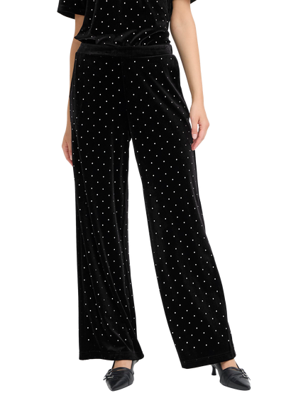 ICHI Darla Embellished Wide Leg Trousers, Black, Black