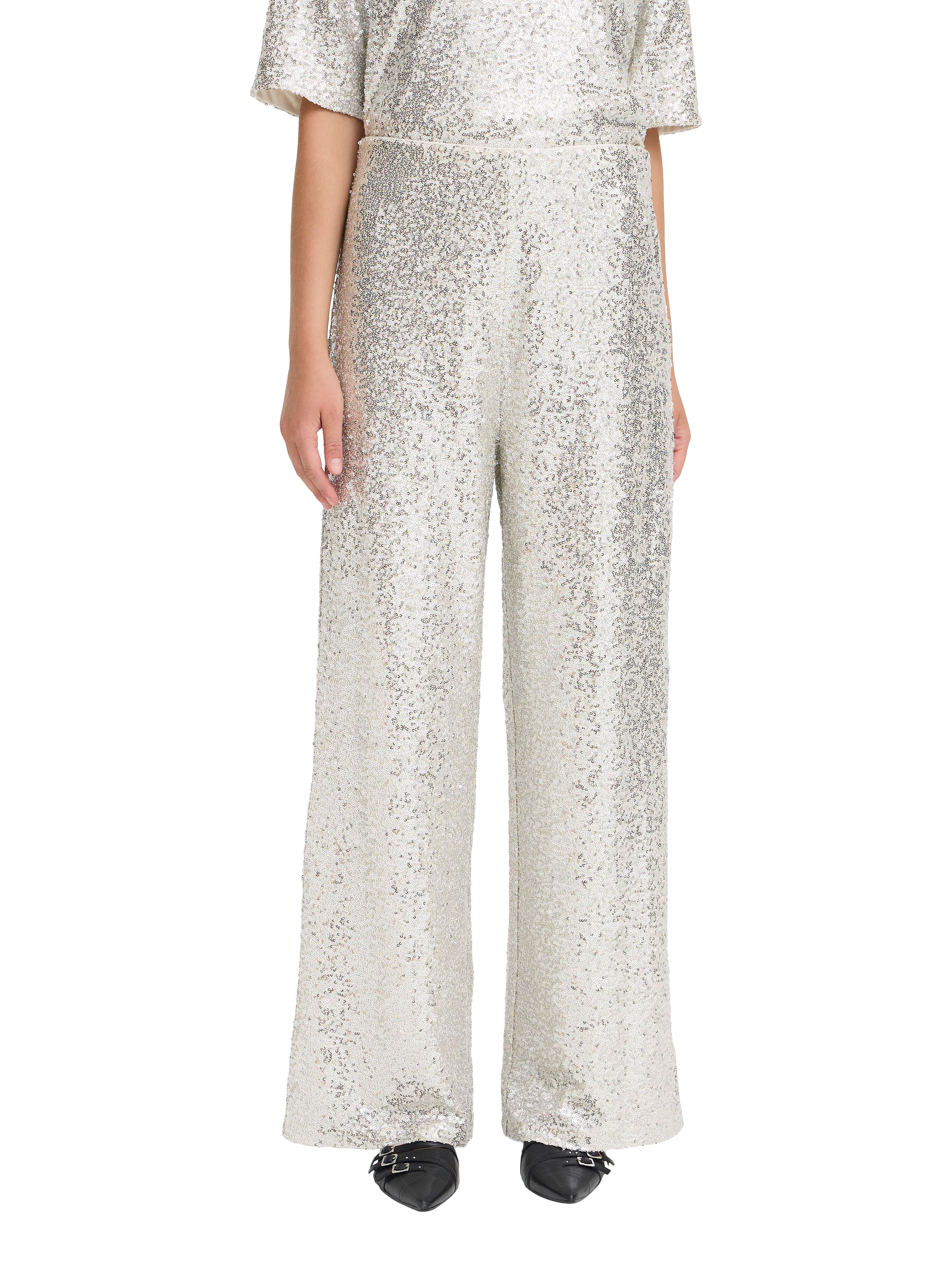 Product image 1 of 7, which shows ICHI Fauca Wide Leg Sequin Trousers , Frosted Almond, XS