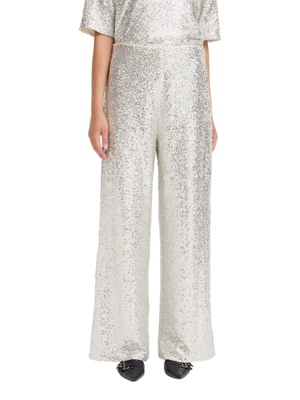 ICHI Fauca Wide Leg Sequin Trousers, Frosted Almond