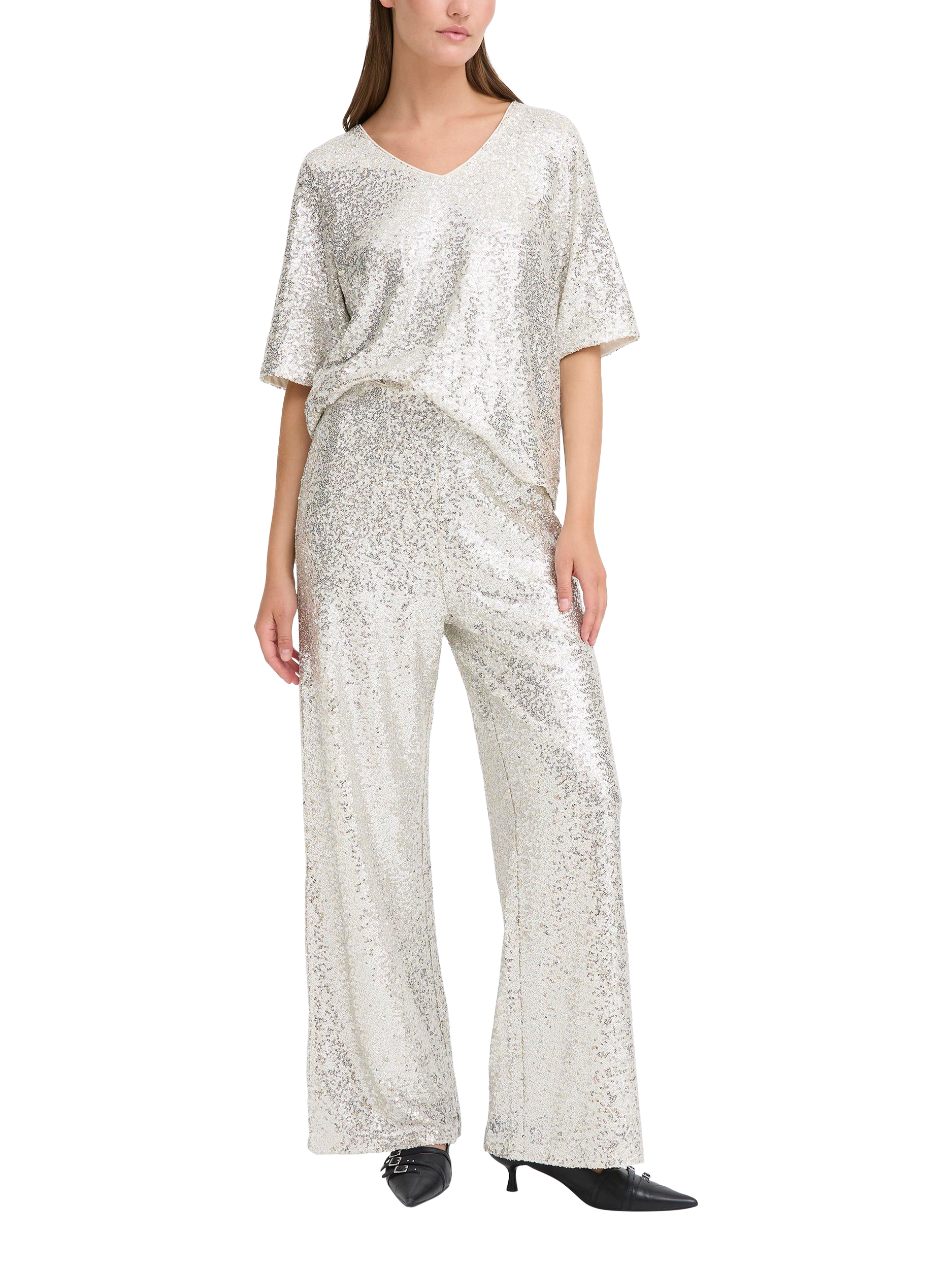 Product image 3 of 7, which shows ICHI Fauca Wide Leg Sequin Trousers , Frosted Almond, XS
