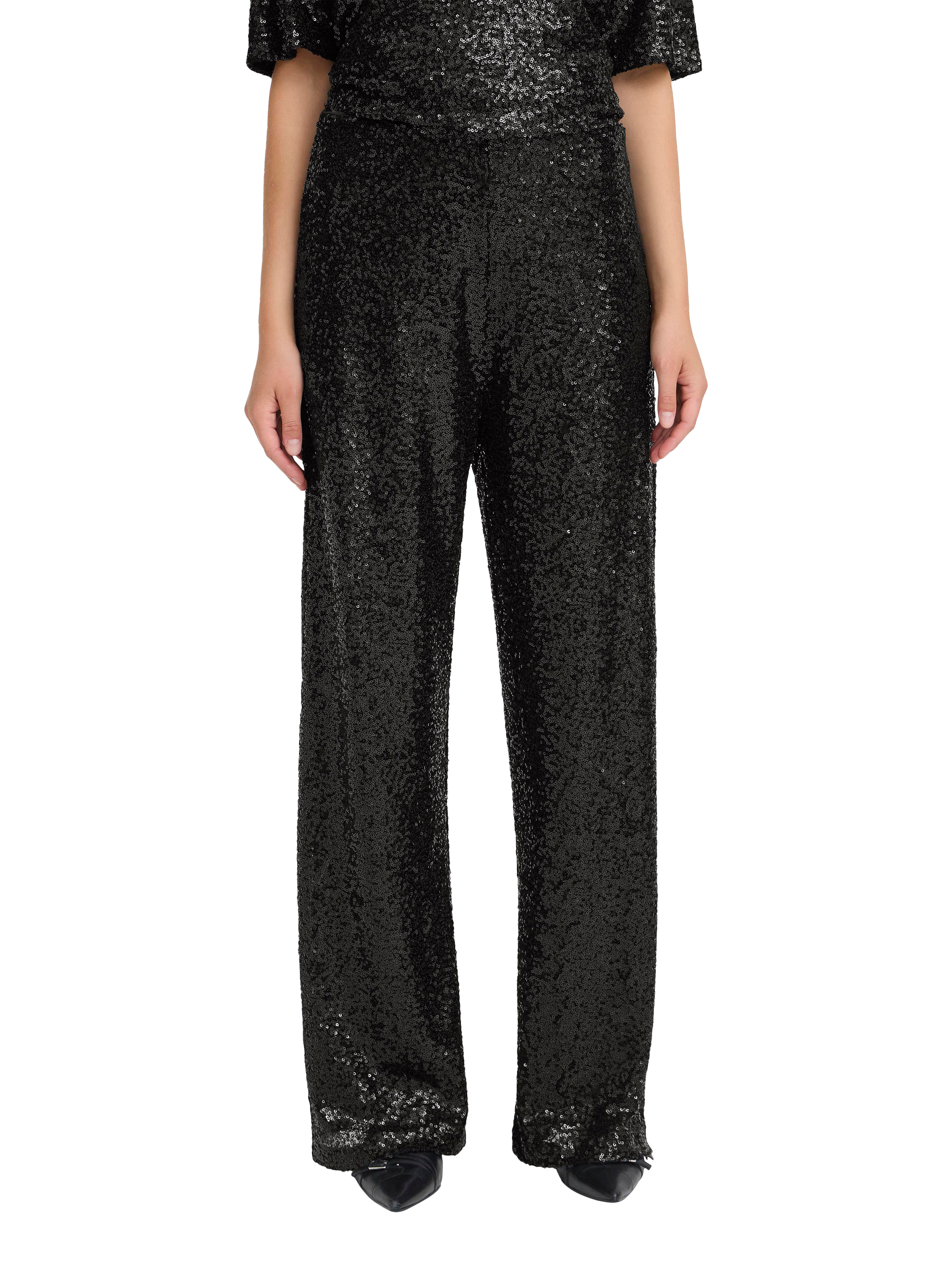 Product image 1 of 7, which shows ICHI Fauca Wide Leg Sequin Trousers , Black, XS