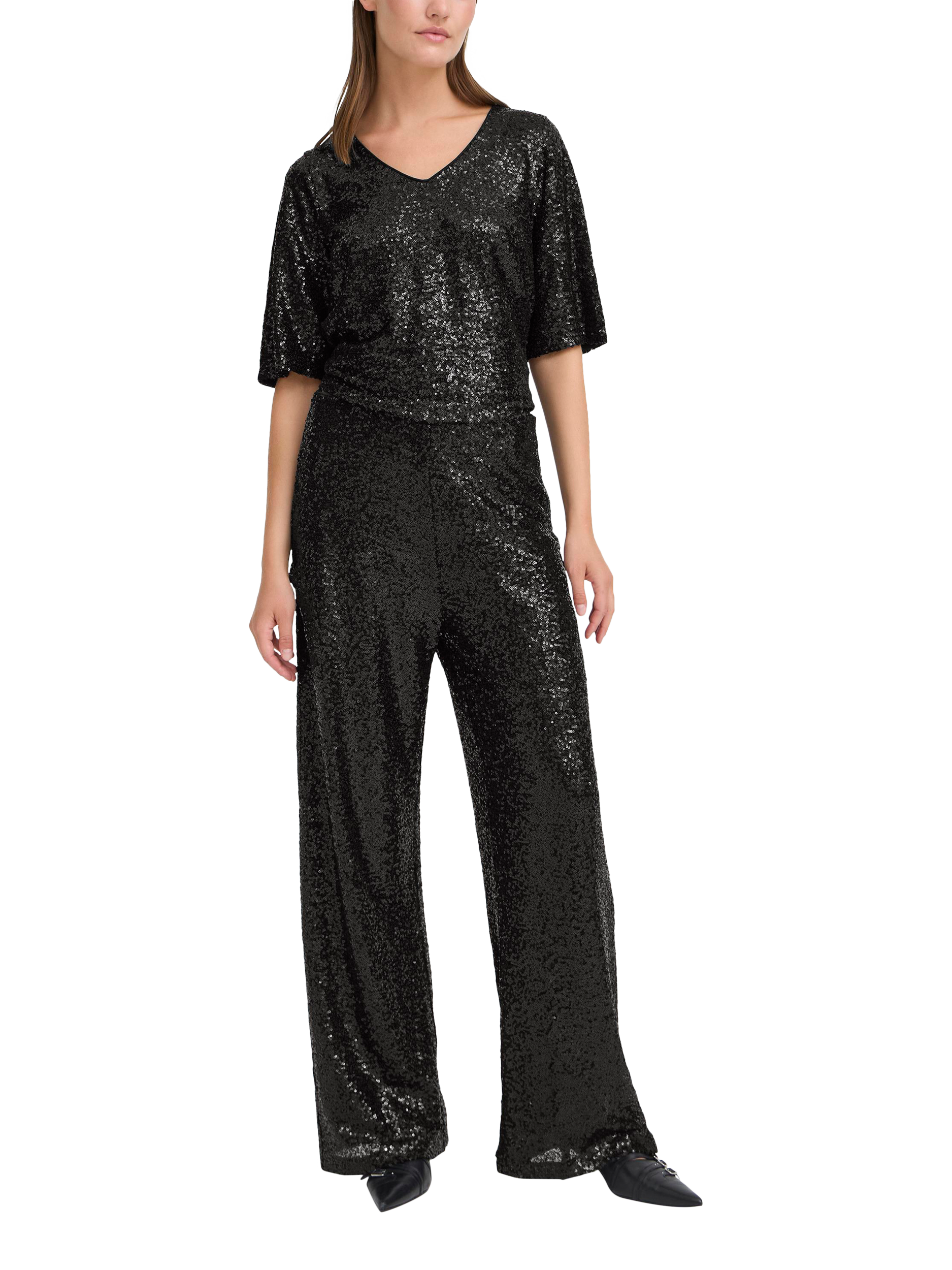 Product image 3 of 7, which shows ICHI Fauca Wide Leg Sequin Trousers , Black, XS