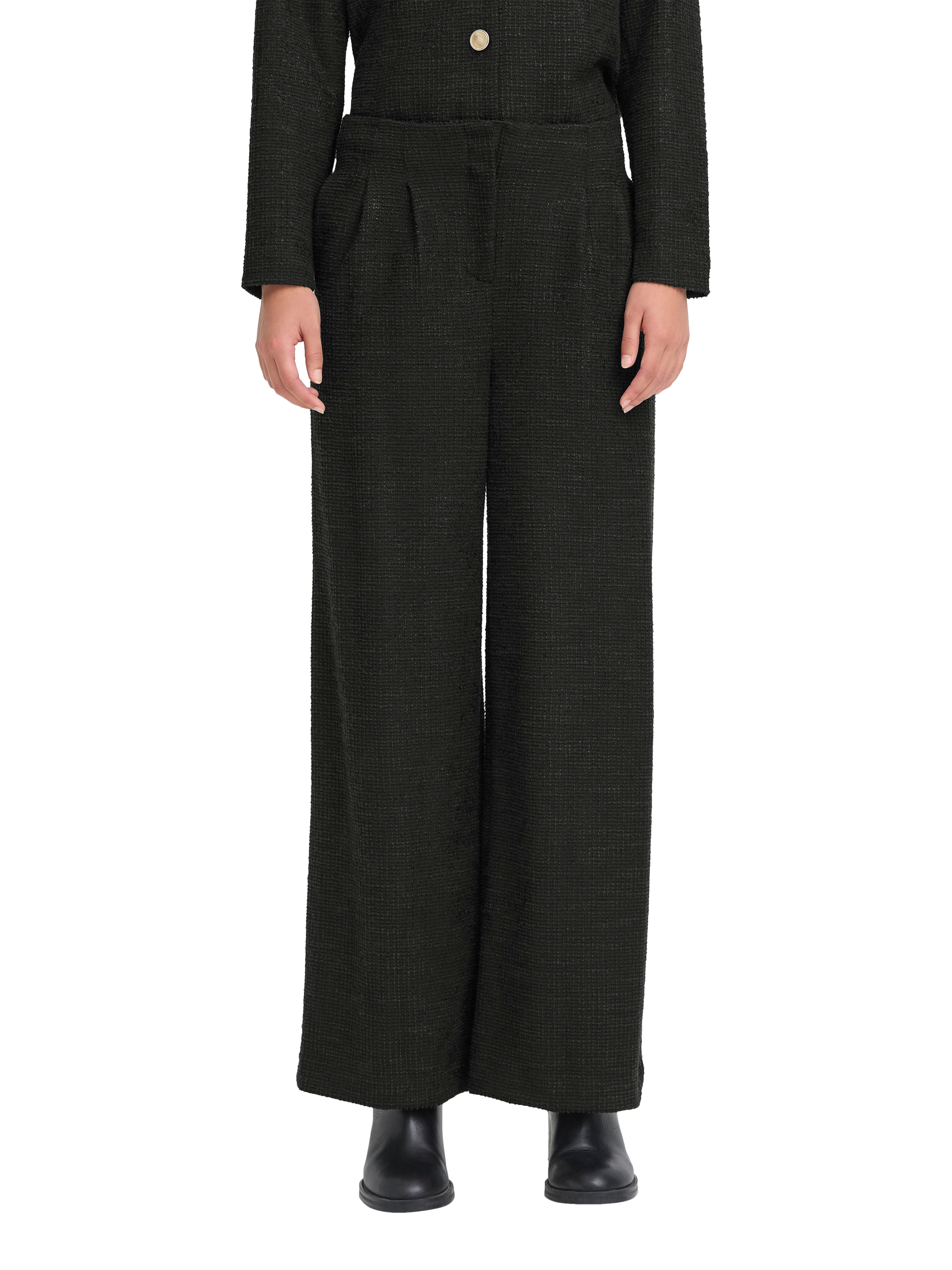 Product image 1 of 7, which shows ICHI Kate Gleam Wide Leg Shimmer Trousers , Black, XS