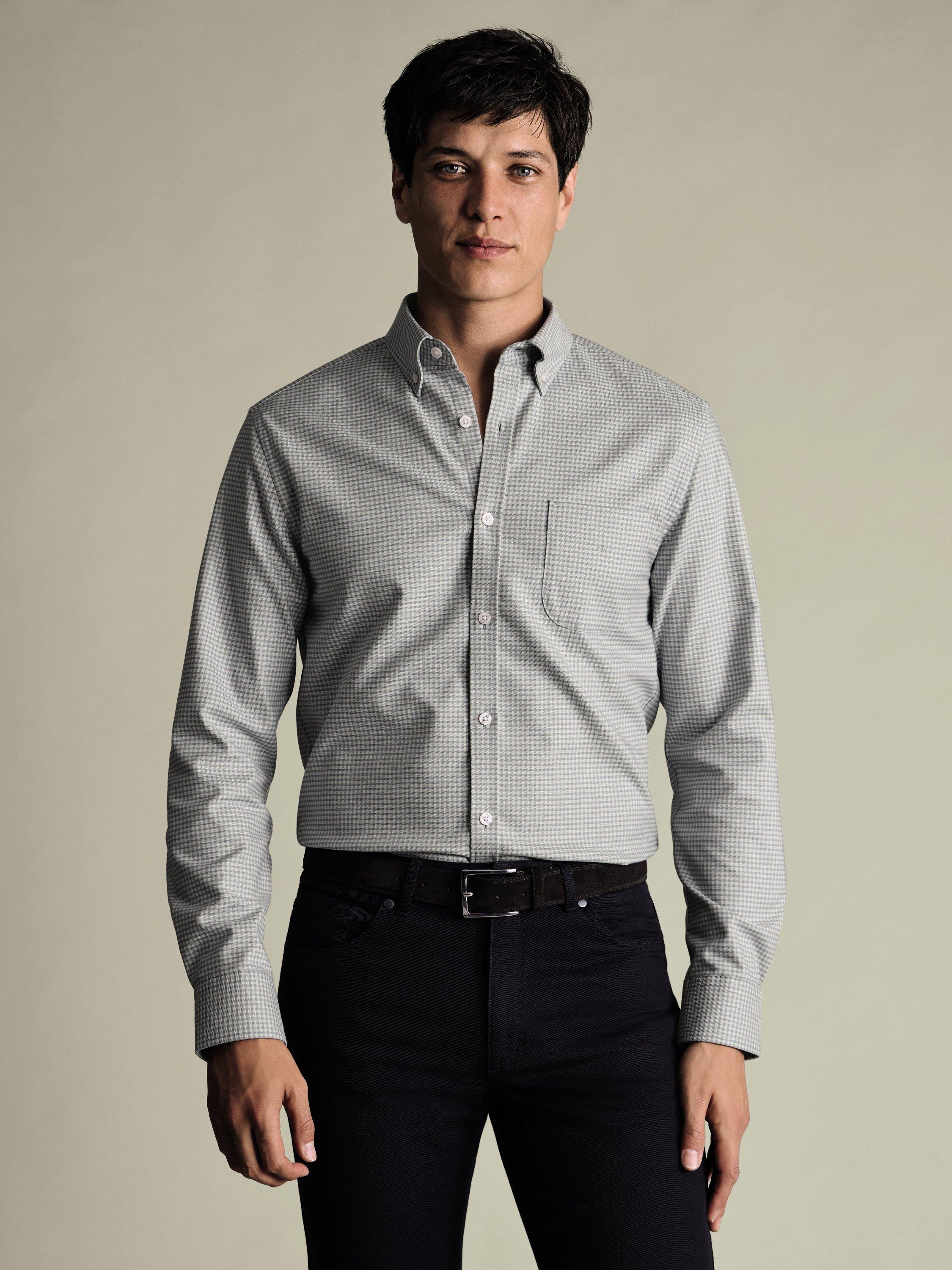 Product image 1 of 5, which shows Charles Tyrwhitt Non-Iron Twill Gingham Shirt, Light Grey, S