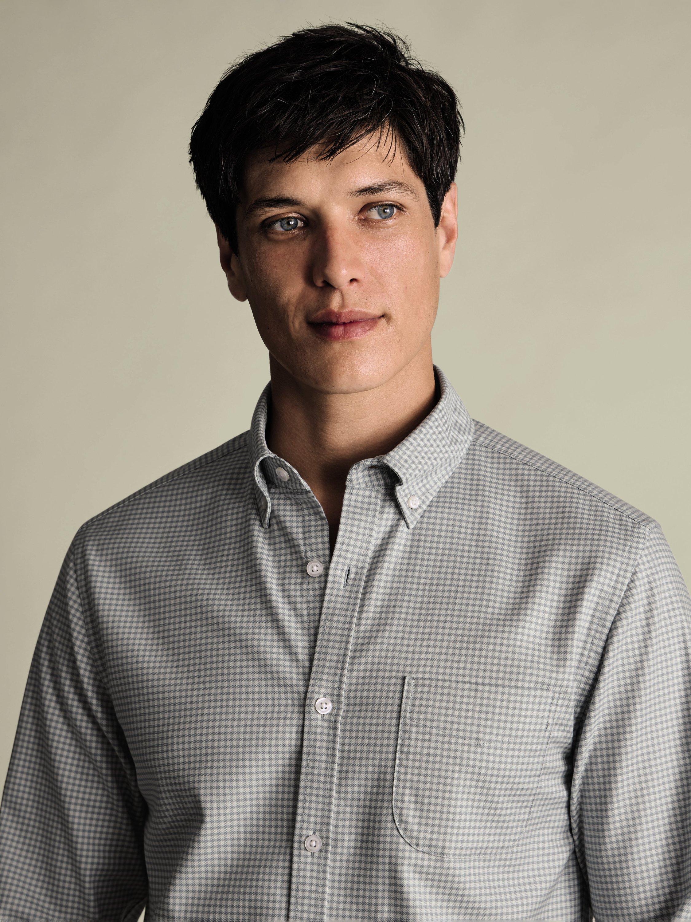 Product image 2 of 5, which shows Charles Tyrwhitt Non-Iron Twill Gingham Shirt, Light Grey, S