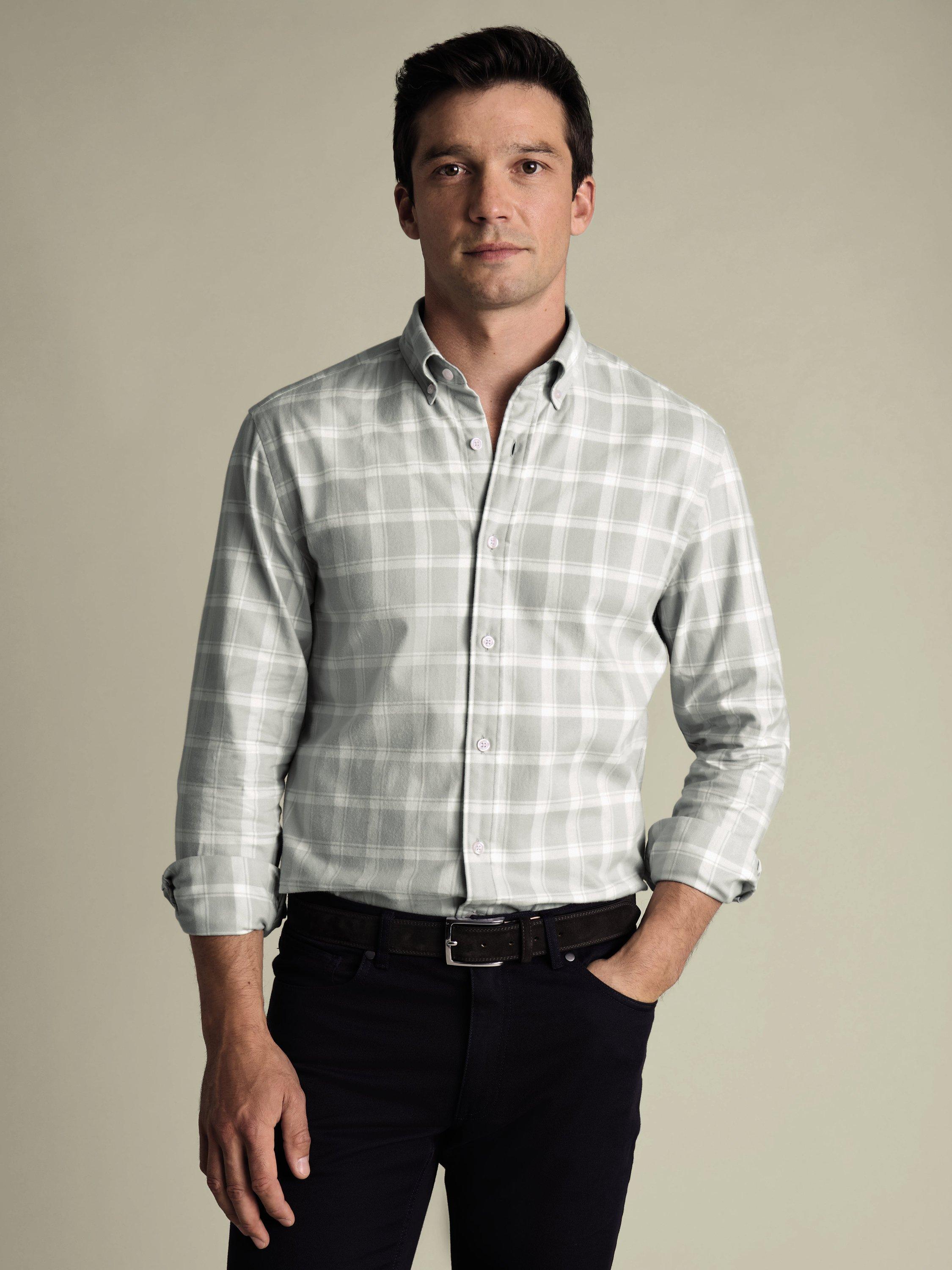 Product image 1 of 5, which shows Charles Tyrwhitt Brushed Flannel Check Shirt, Light Grey, L