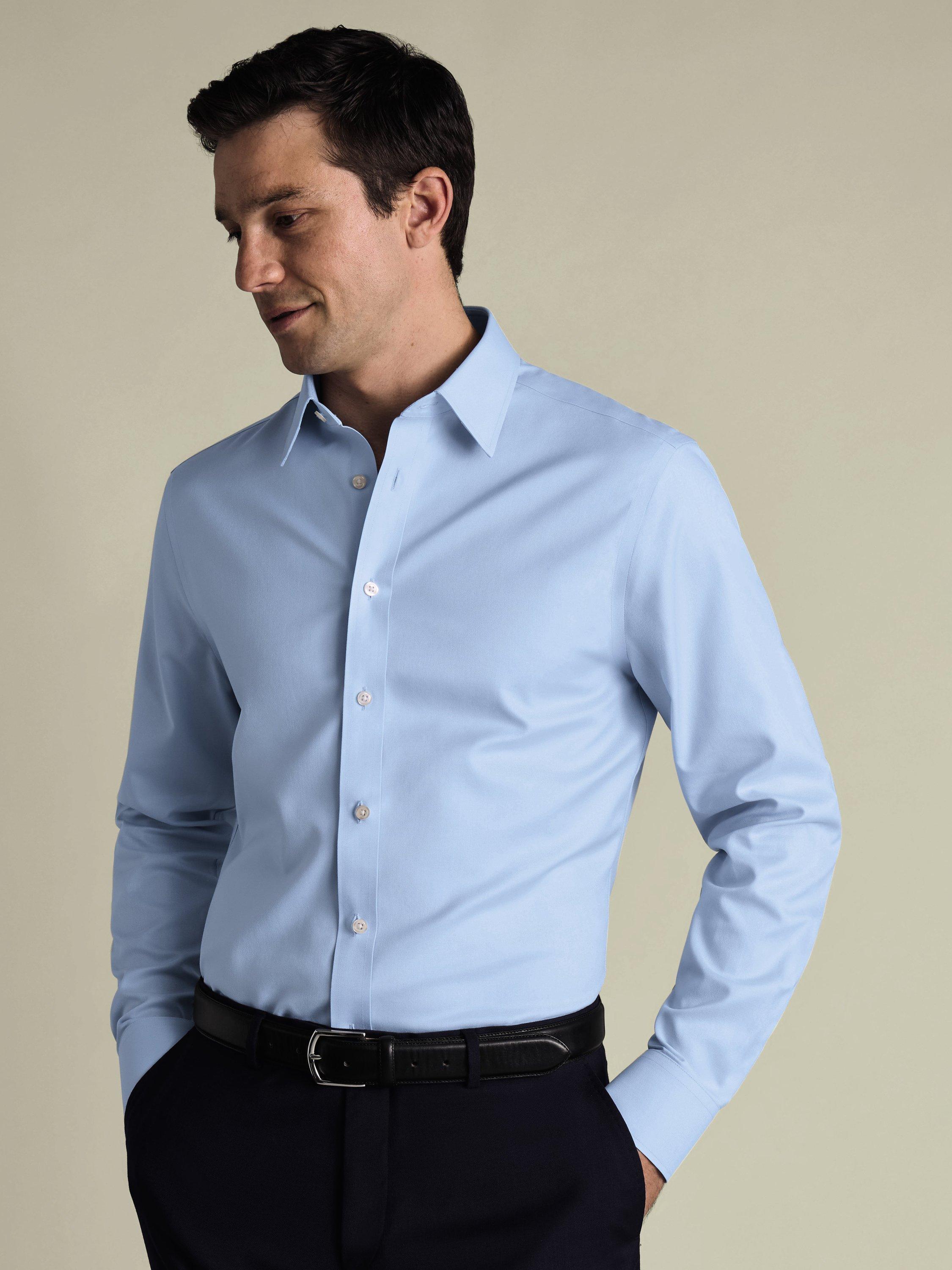 Product image 1 of 6, which shows Charles Tyrwhitt Point Collar Non-Iron Twill Shirt, Sky Blue, 14.5/33