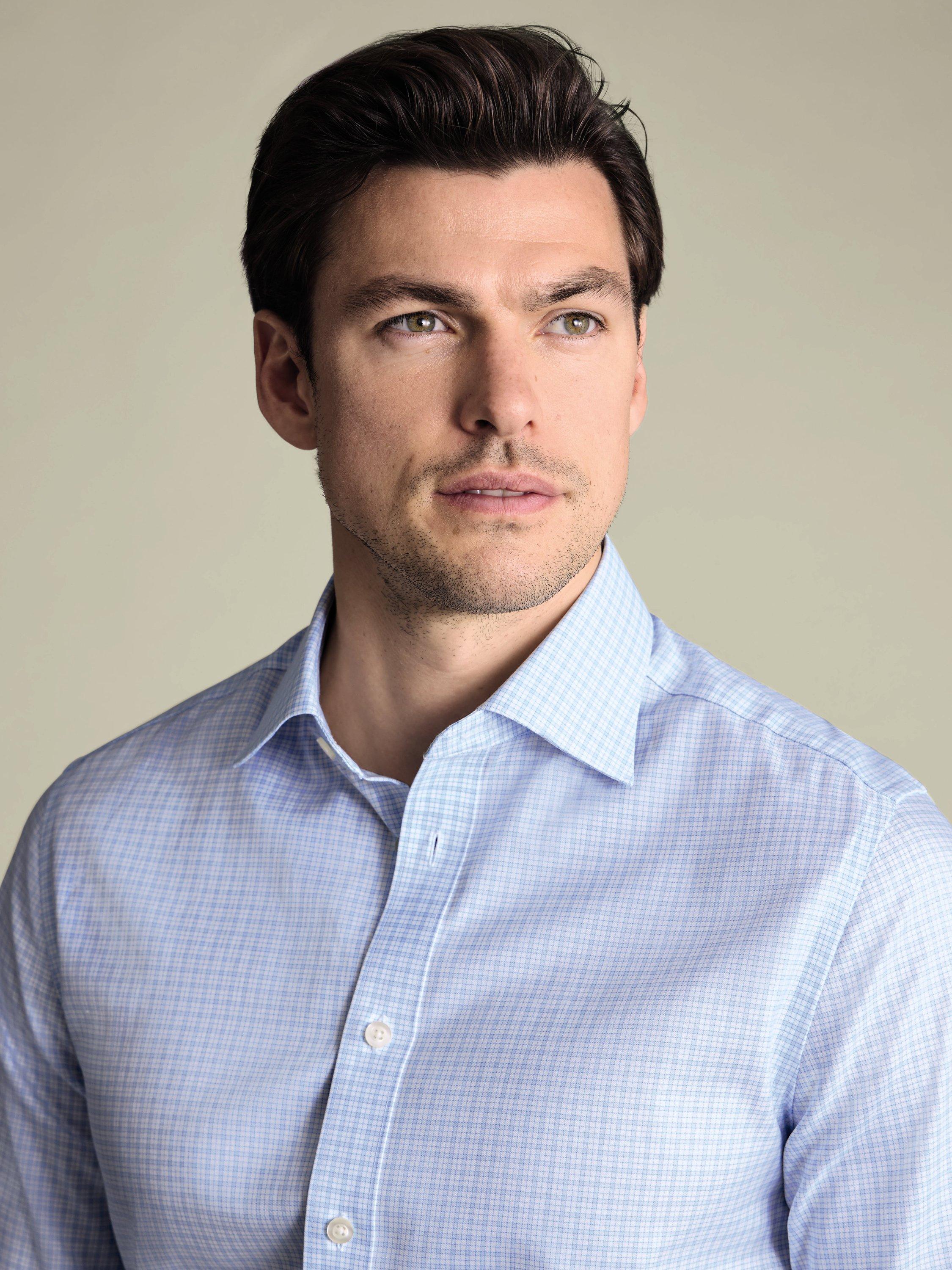 Product image 2 of 6, which shows Charles Tyrwhitt Cotton Slim Fit Check Shirt, Light Blue, 14.5/33