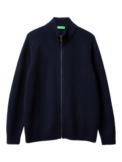 Benetton Zip Front Wool Cardigan, Blue, Blue