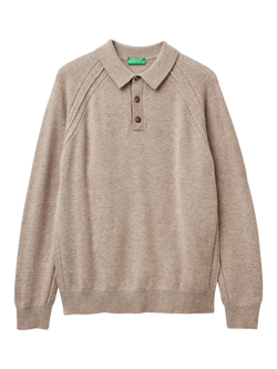 Benetton Long Sleeve Wool Polo Shirt, Blue, Beige