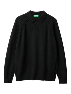 Benetton Long Sleeve Wool Polo Shirt, Blue, Black