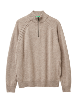 Benetton Half Zip Wool Jumper, Blue, Beige