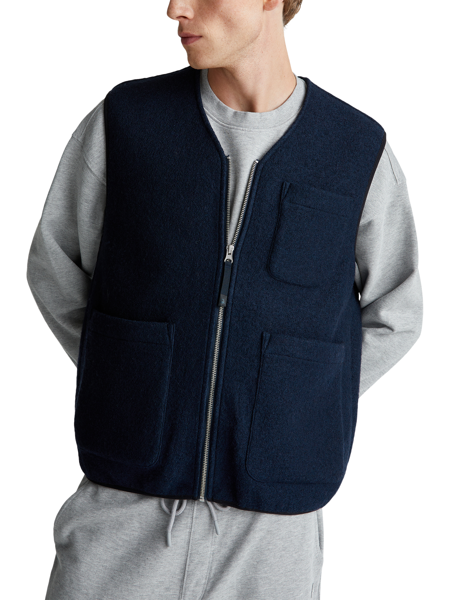 Product image 1 of 5, which shows Benetton Zip Front Sleeveless Vest, Blue, XL