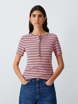 AND/OR Stripe Button Neck T-Shirt, Pink Stripe, Pink Stripe