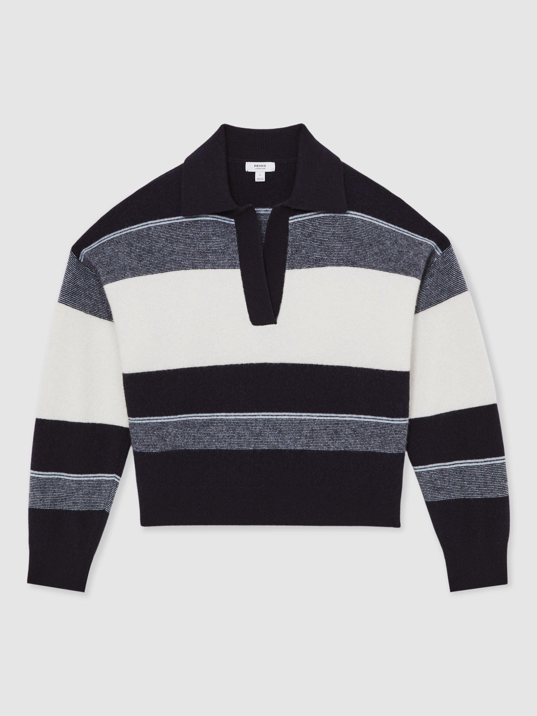 Product image 3 of 5, which shows Reiss Simmy Wool Blend Striped Jumper, Navy/Cream, S
