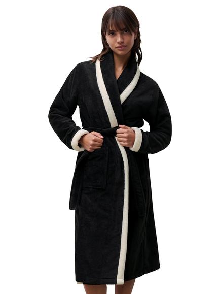 ladies black dressing gown Ribbon Trim Fleece Hooded Long Dressing Gown
