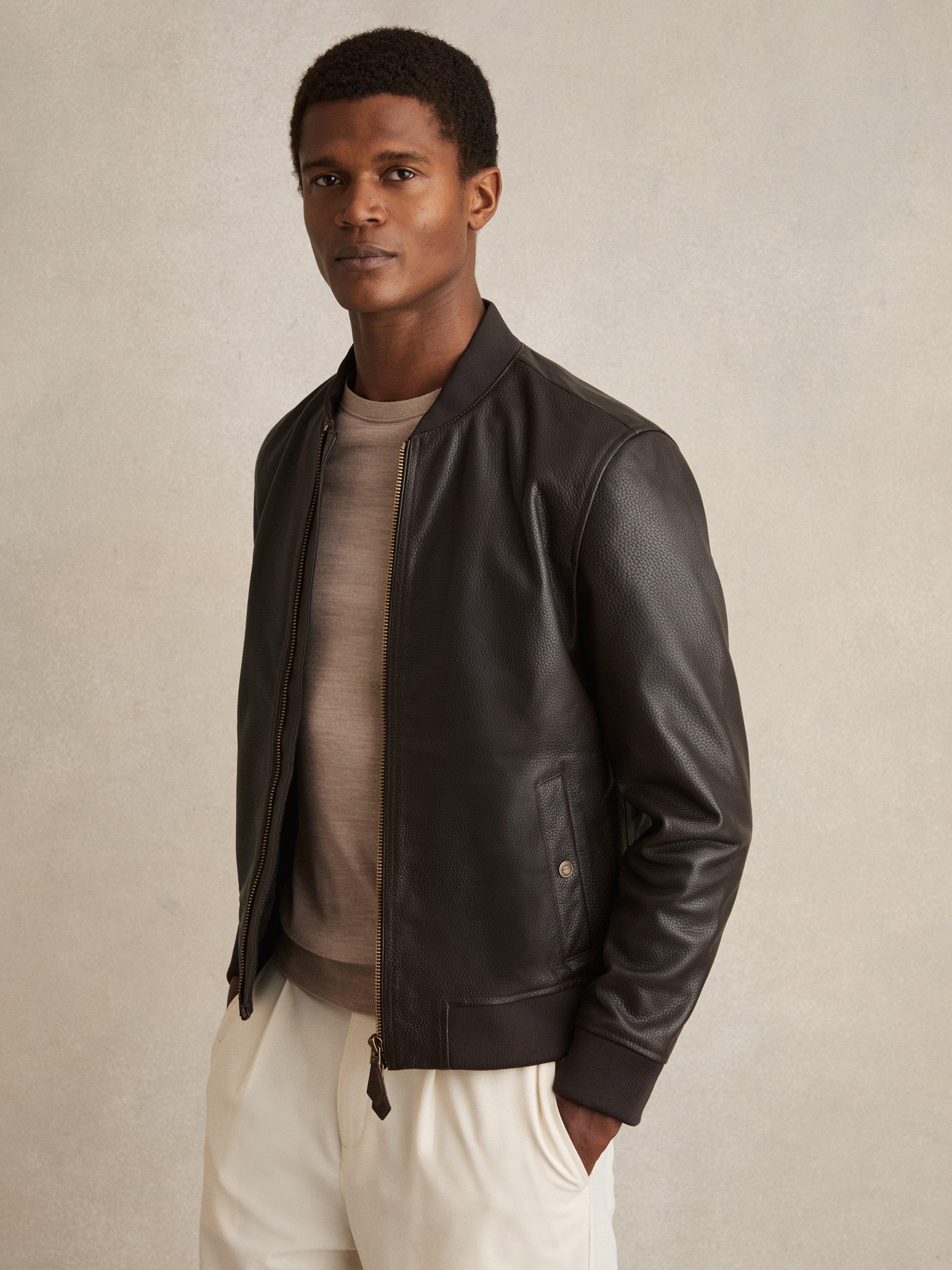 Product image 1 of 5, which shows Reiss Cast Leather Bomber Jacket, Brown, XS