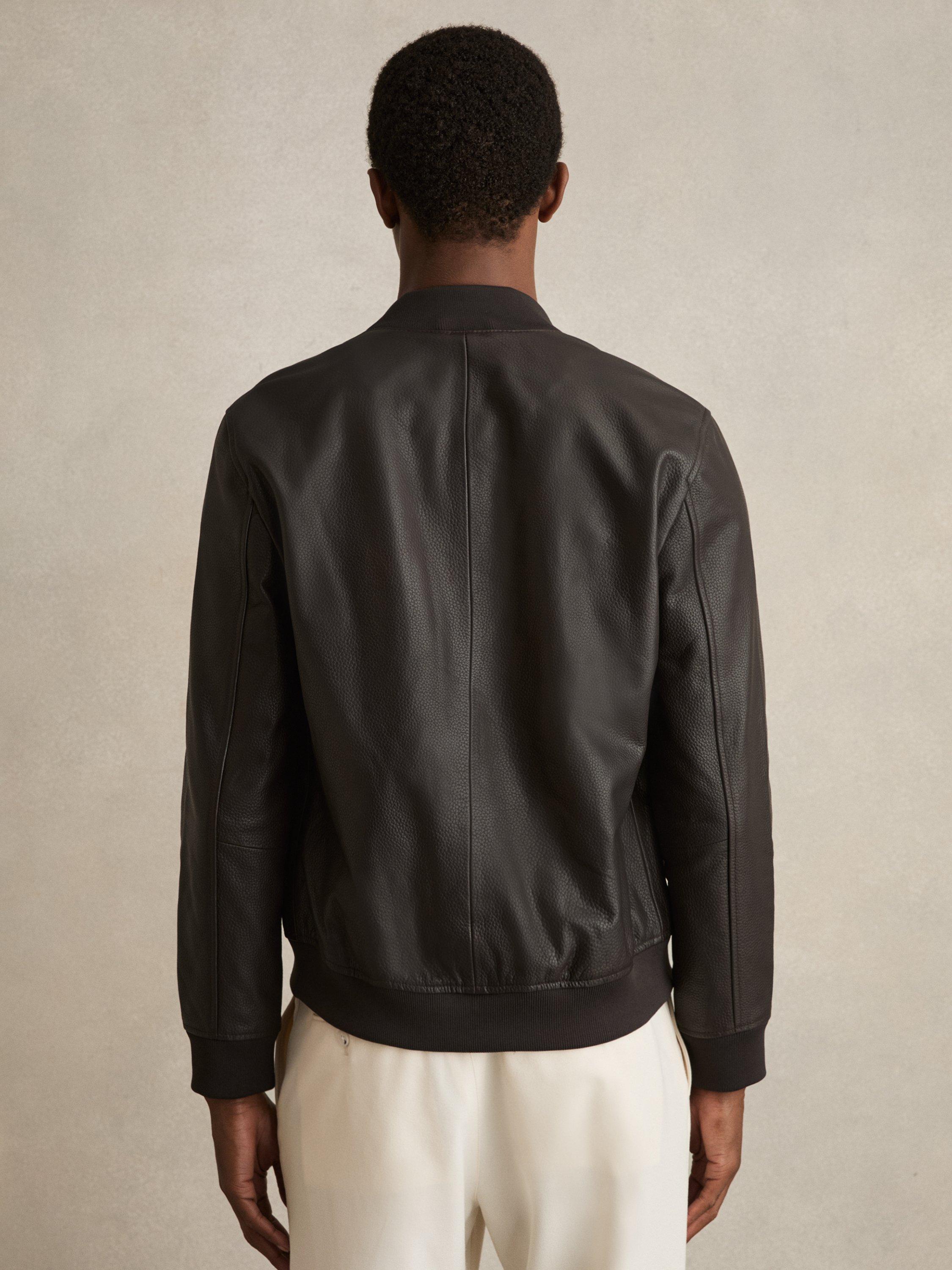 Product image 2 of 5, which shows Reiss Cast Leather Bomber Jacket, Brown, XS