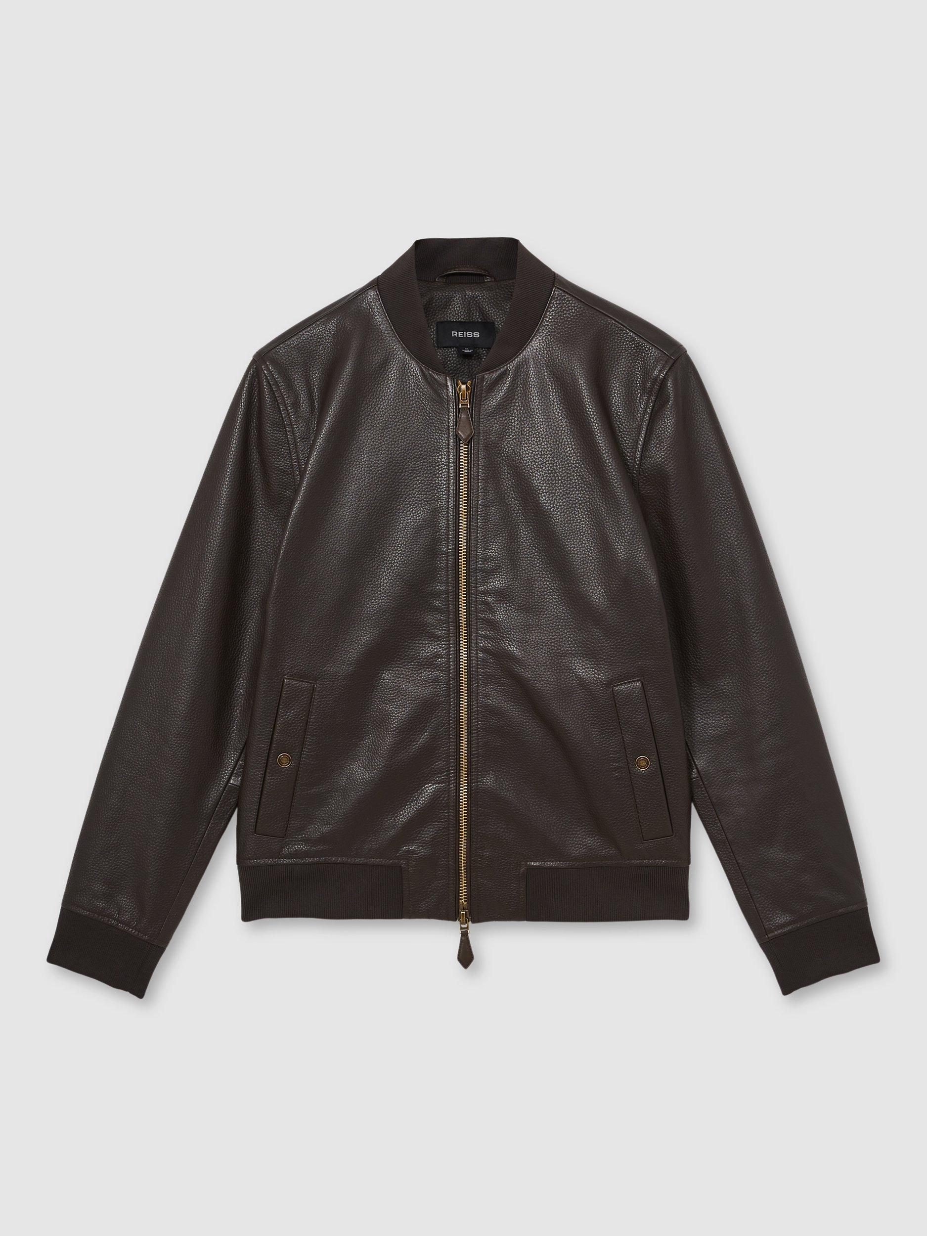 Product image 3 of 5, which shows Reiss Cast Leather Bomber Jacket, Brown, XS