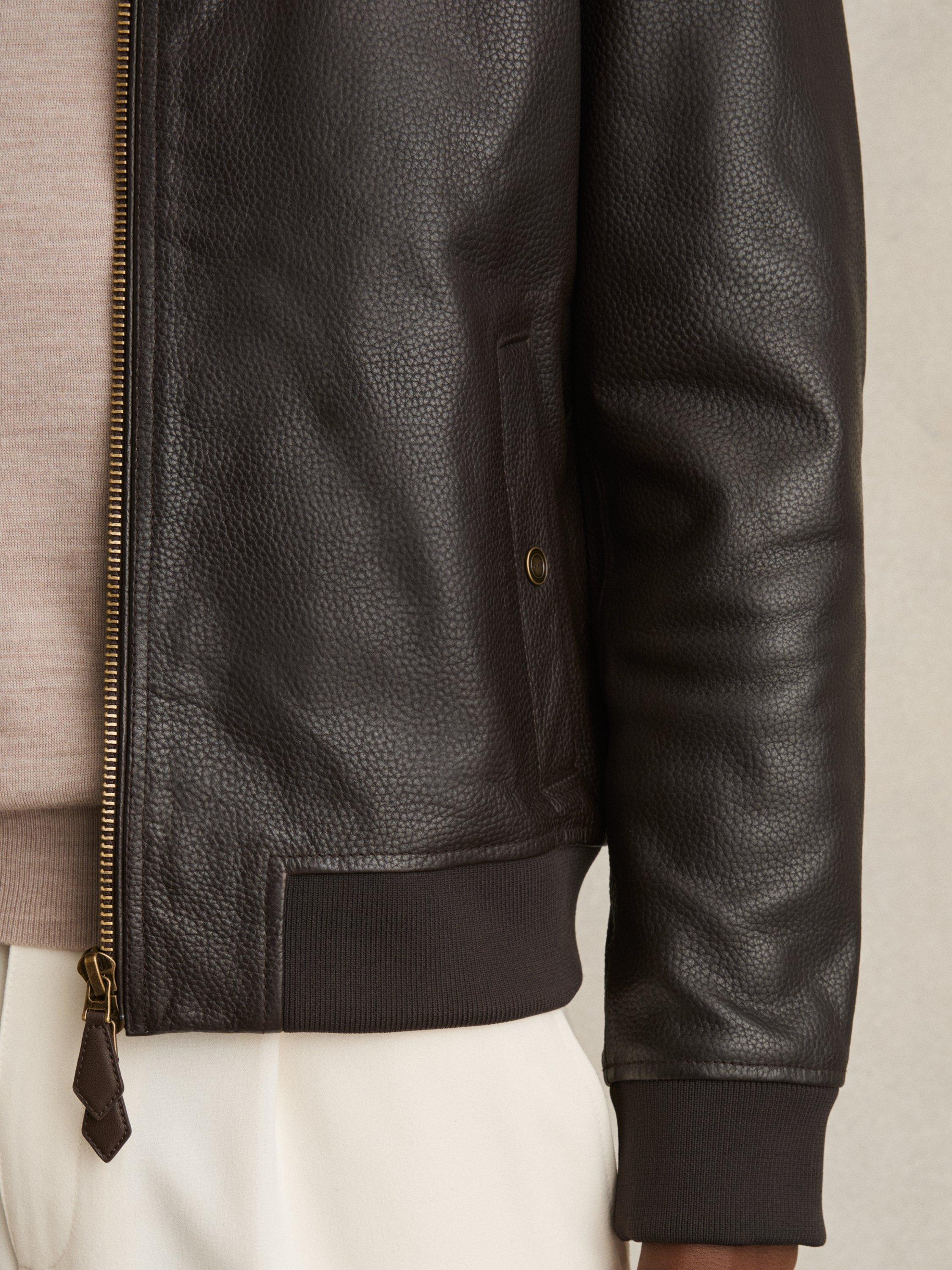 Product image 5 of 5, which shows Reiss Cast Leather Bomber Jacket, Brown, XS