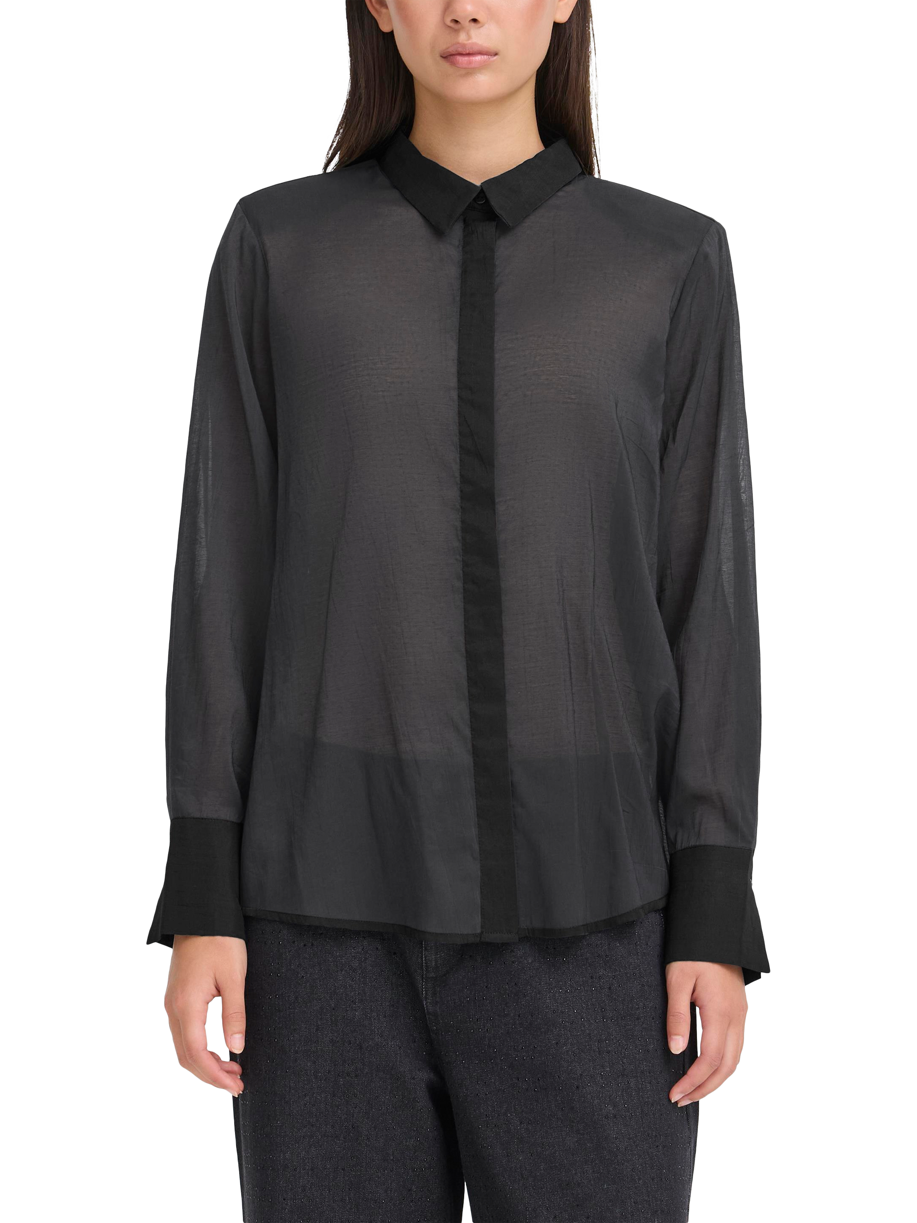 Product image 1 of 11, which shows ICHI Jilanto Semi Sheer Long Sleeve Collared Blouse , Black, 8