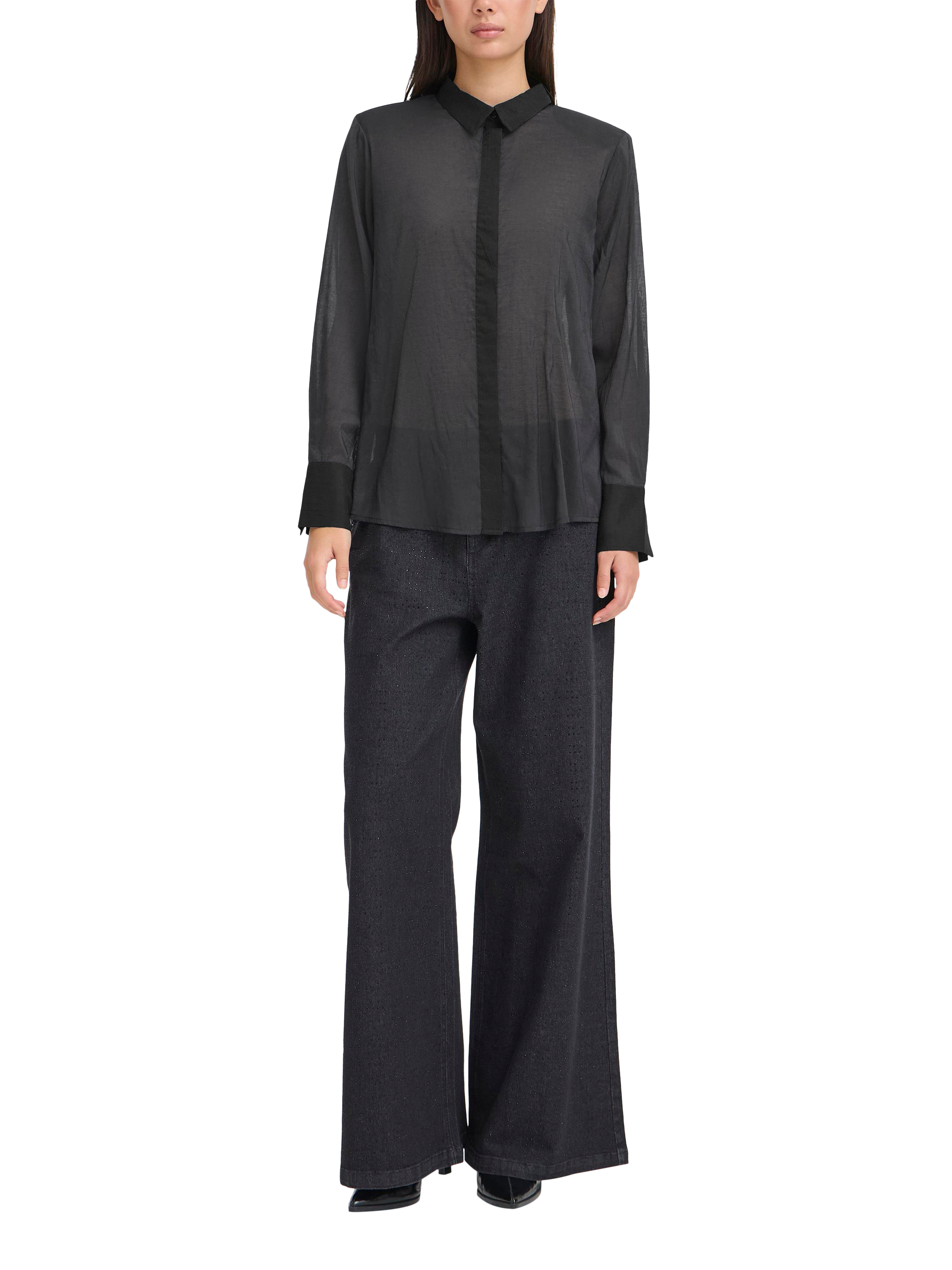 Product image 3 of 11, which shows ICHI Jilanto Semi Sheer Long Sleeve Collared Blouse , Black, 8