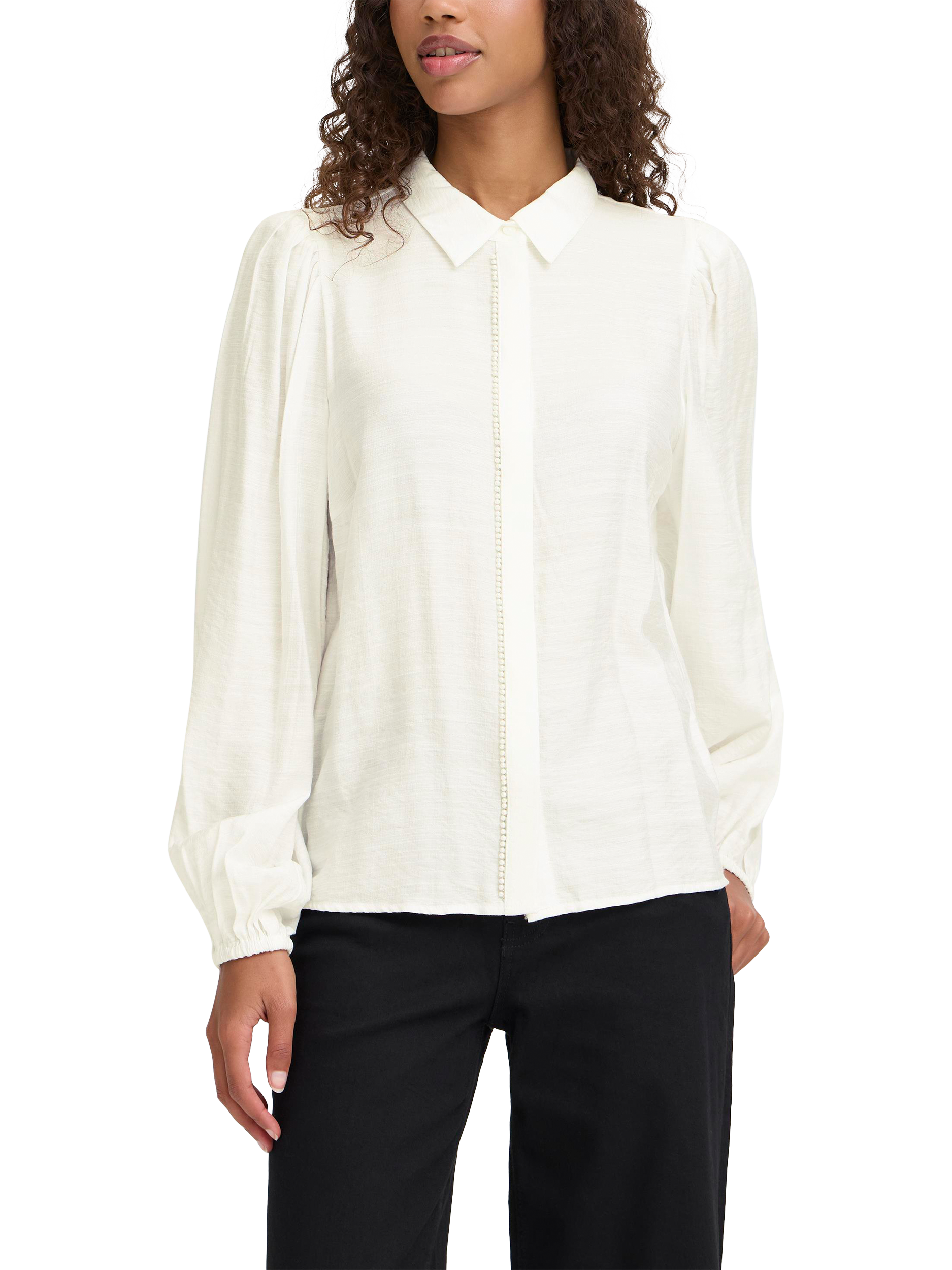 Product image 1 of 6, which shows ICHI Rhinestone Detail Blouse, Cloud Dancer, 10