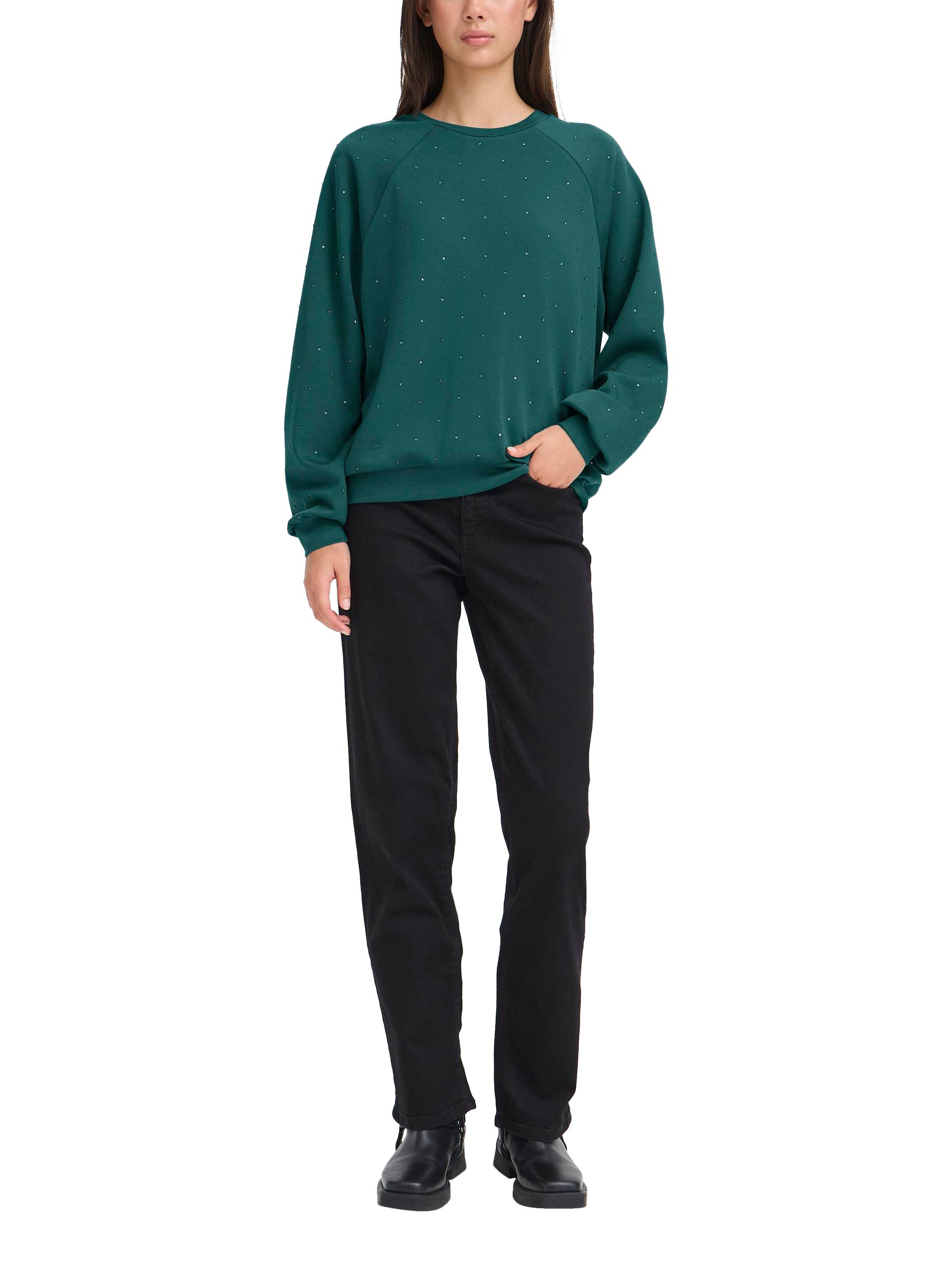 Product image 1 of 6, which shows ICHI Amias Embellished Sweatshirt, Ponderosa Pine, XS