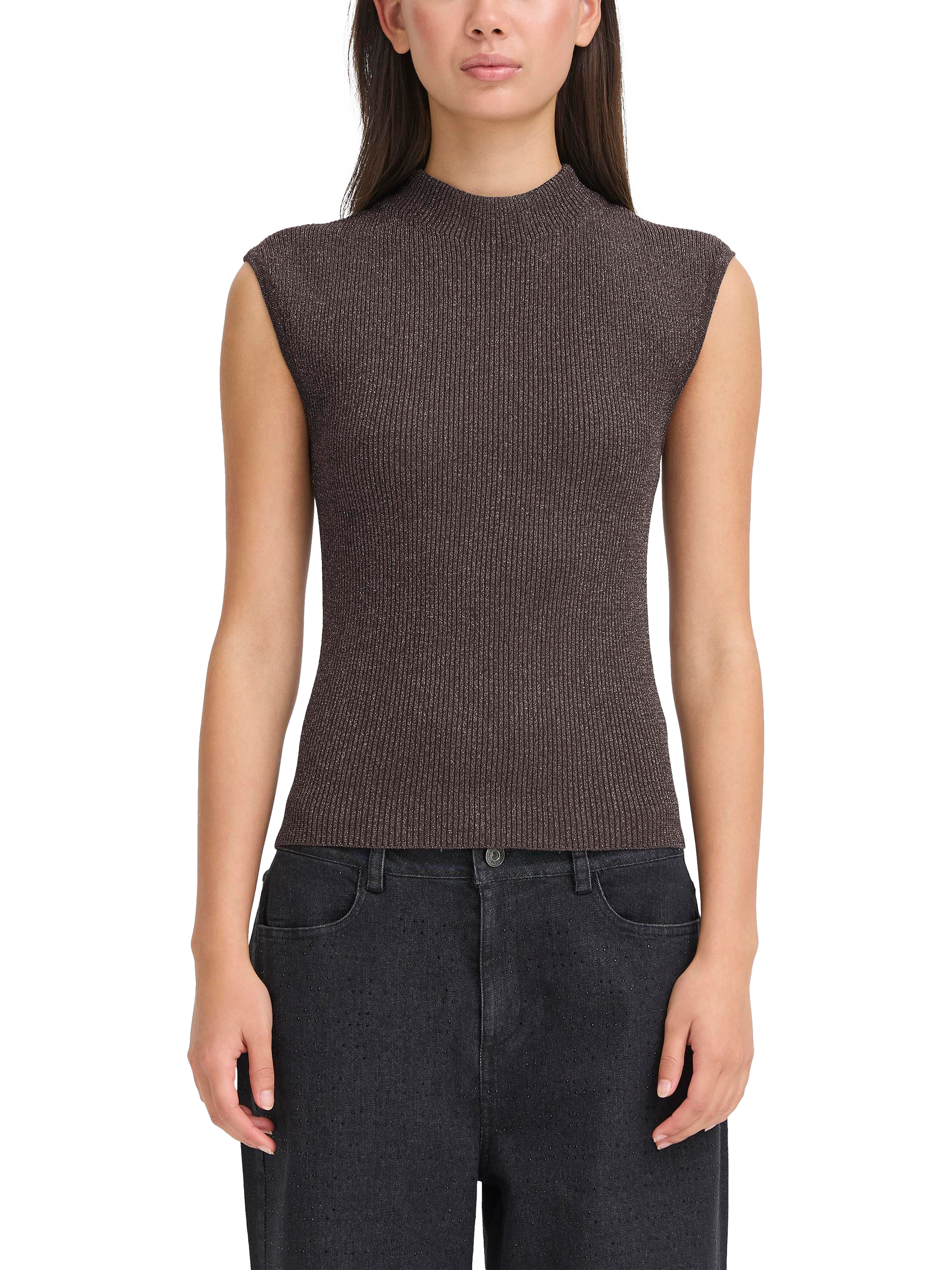 Product image 1 of 7, which shows ICHI Cody Shimmer Knit Top, Shale, XS