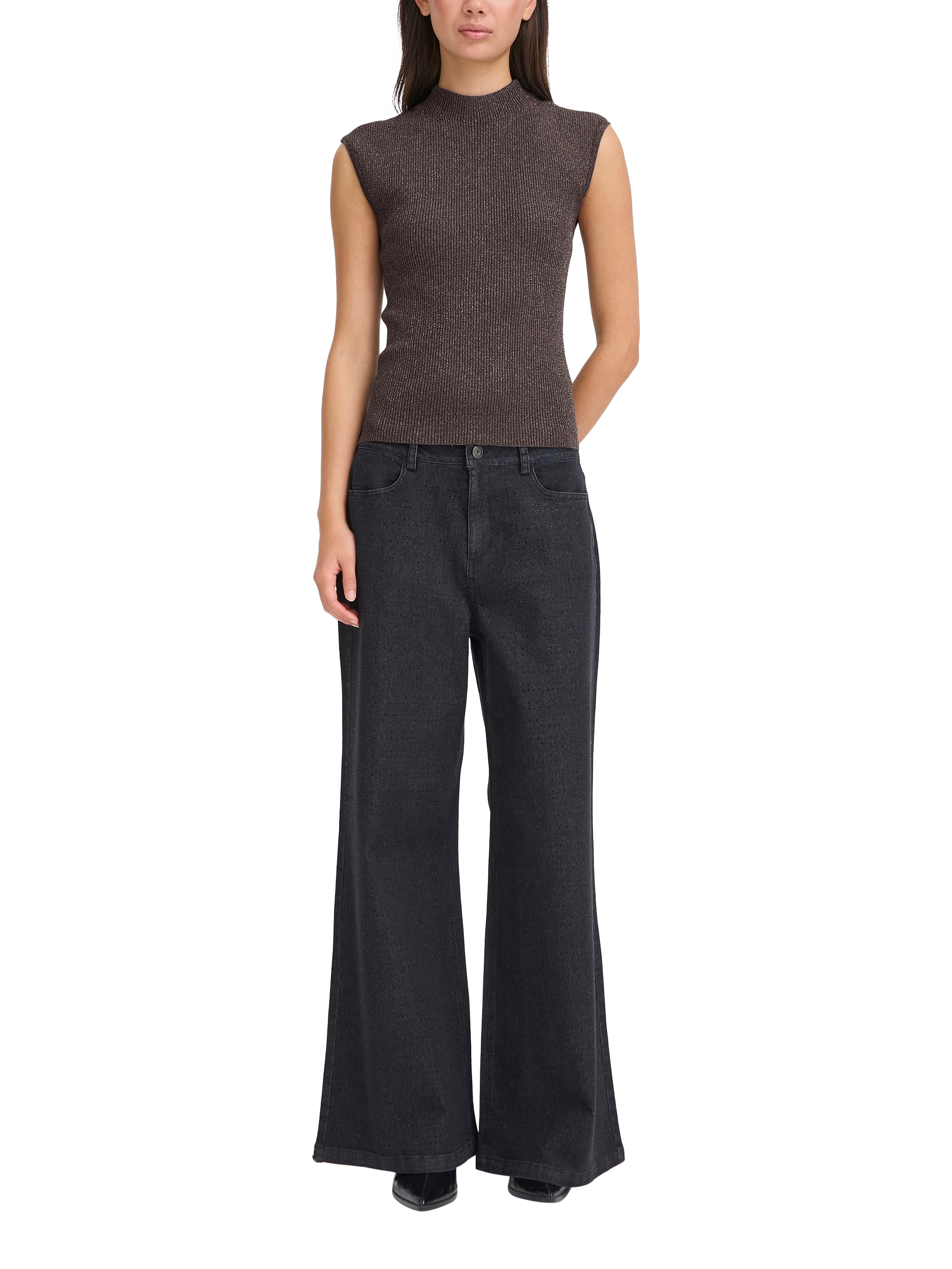 Product image 3 of 7, which shows ICHI Cody Shimmer Knit Top, Shale, XS