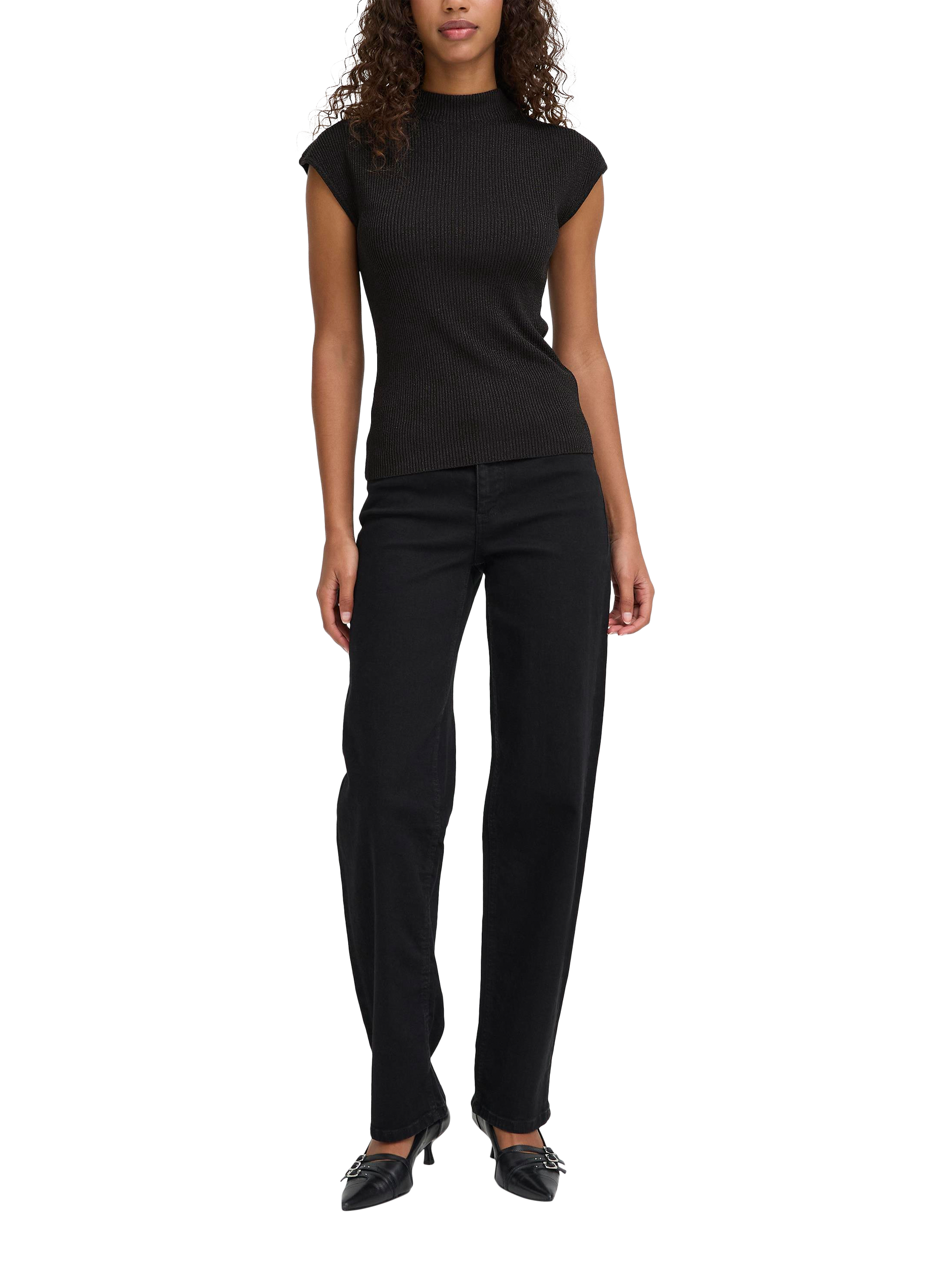 Product image 3 of 7, which shows ICHI Cody Shimmer Knit Top, Black, XS