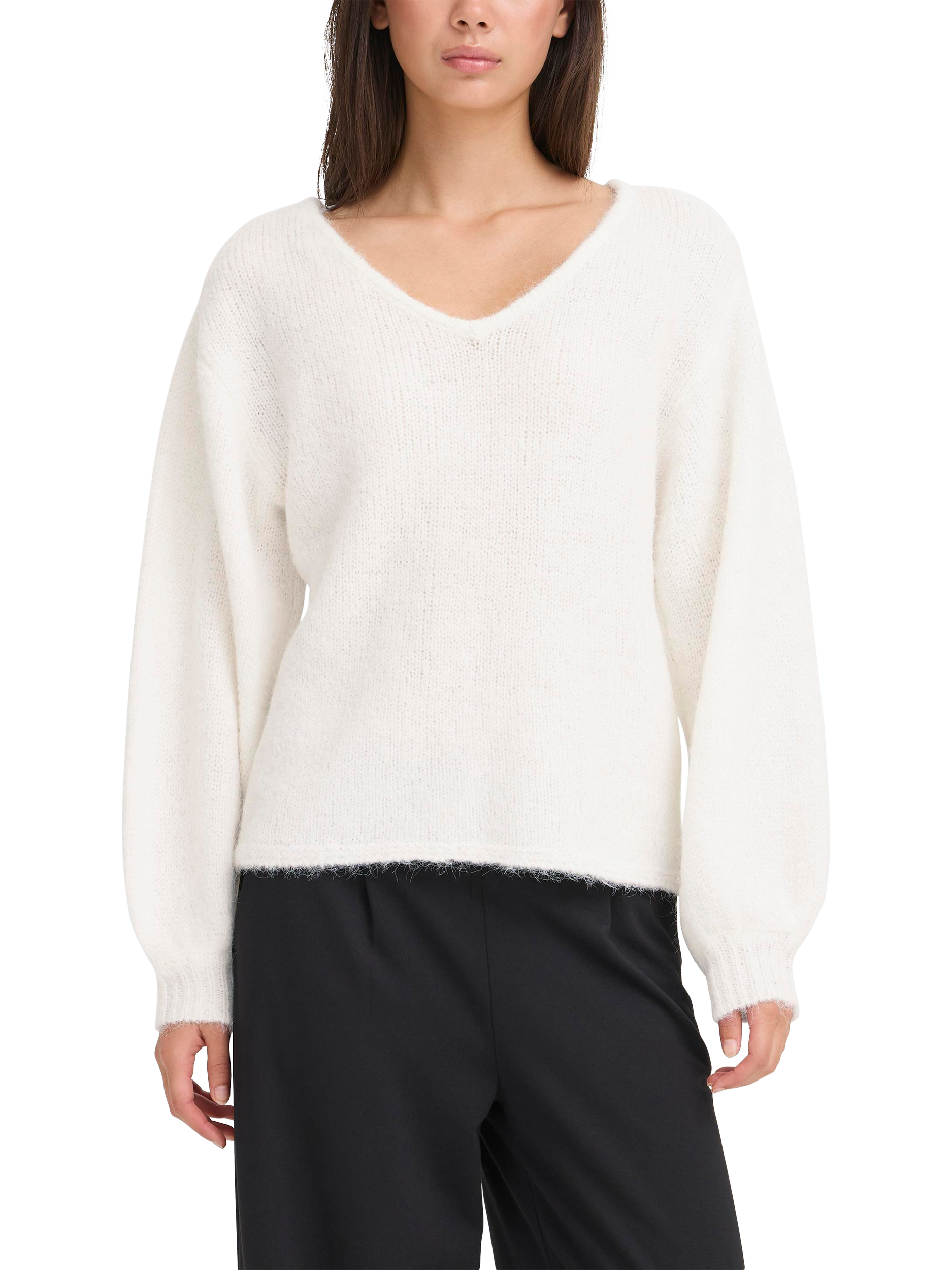 Product image 3 of 7, which shows ICHI Dabria V-Neck Jumper, Cloud Dancer, M