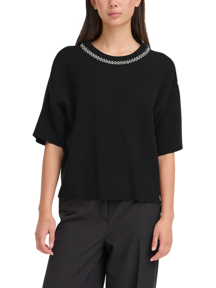 ICHI Dorise Embellished Crew Neck Jumper, Black