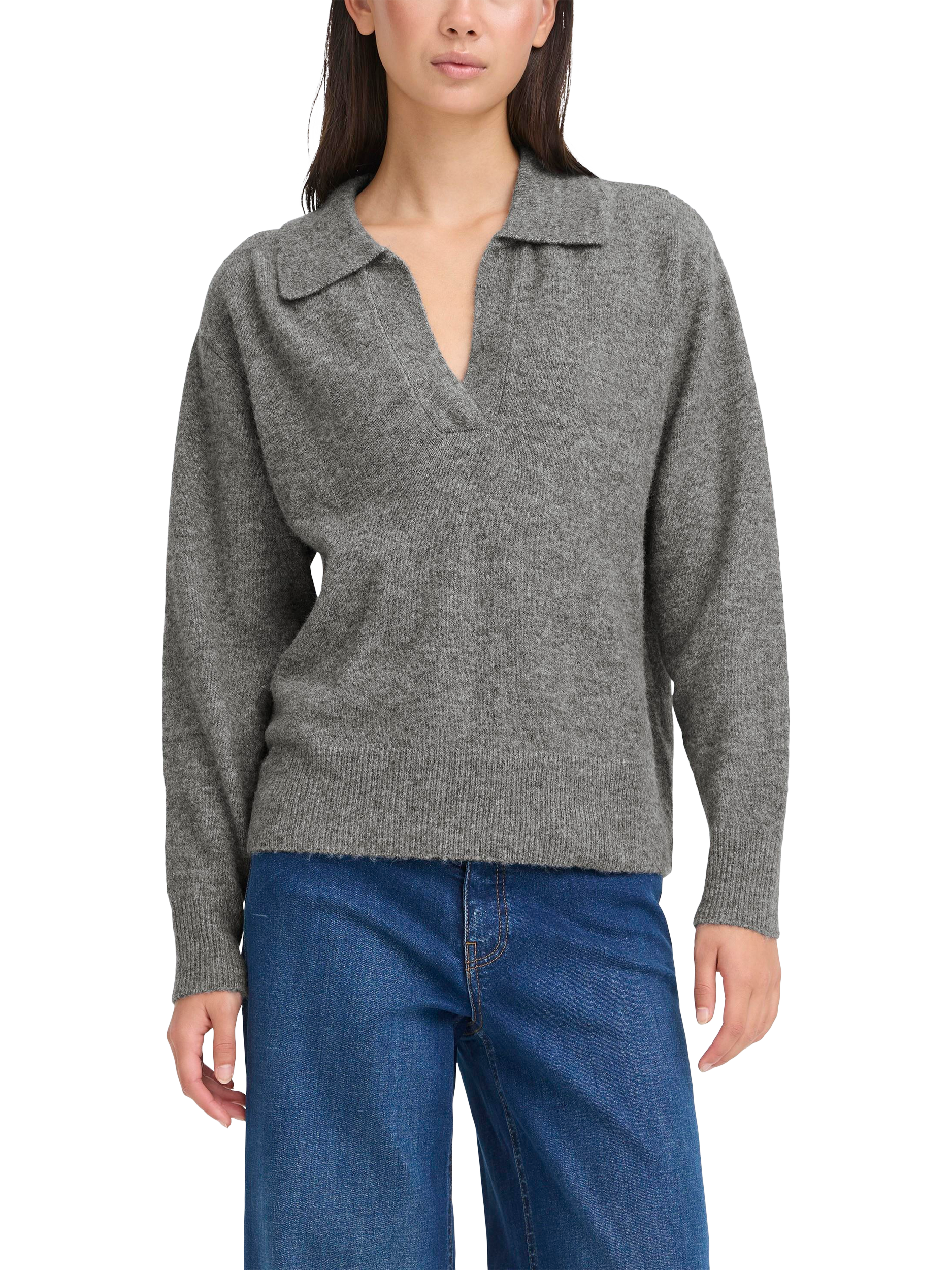 Product image 1 of 7, which shows ICHI Macon Long Sleeve Collared Jumper , Dark Grey Melange, XS