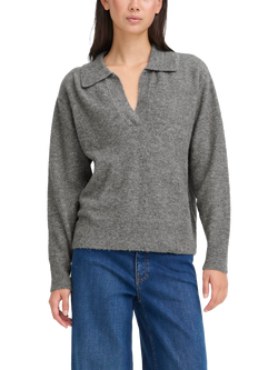 ICHI Macon Long Sleeve Collared Jumper, Dark Grey Melange