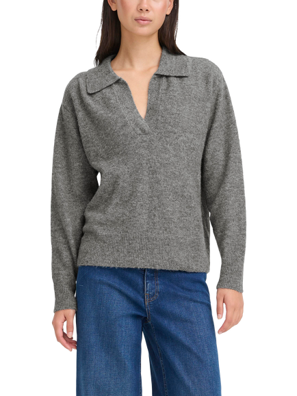 ICHI Macon Long Sleeve Collared Jumper, Dark Grey Melange