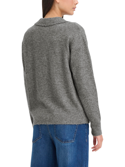 ICHI Macon Long Sleeve Collared Jumper - view 2, Dark Grey Melange