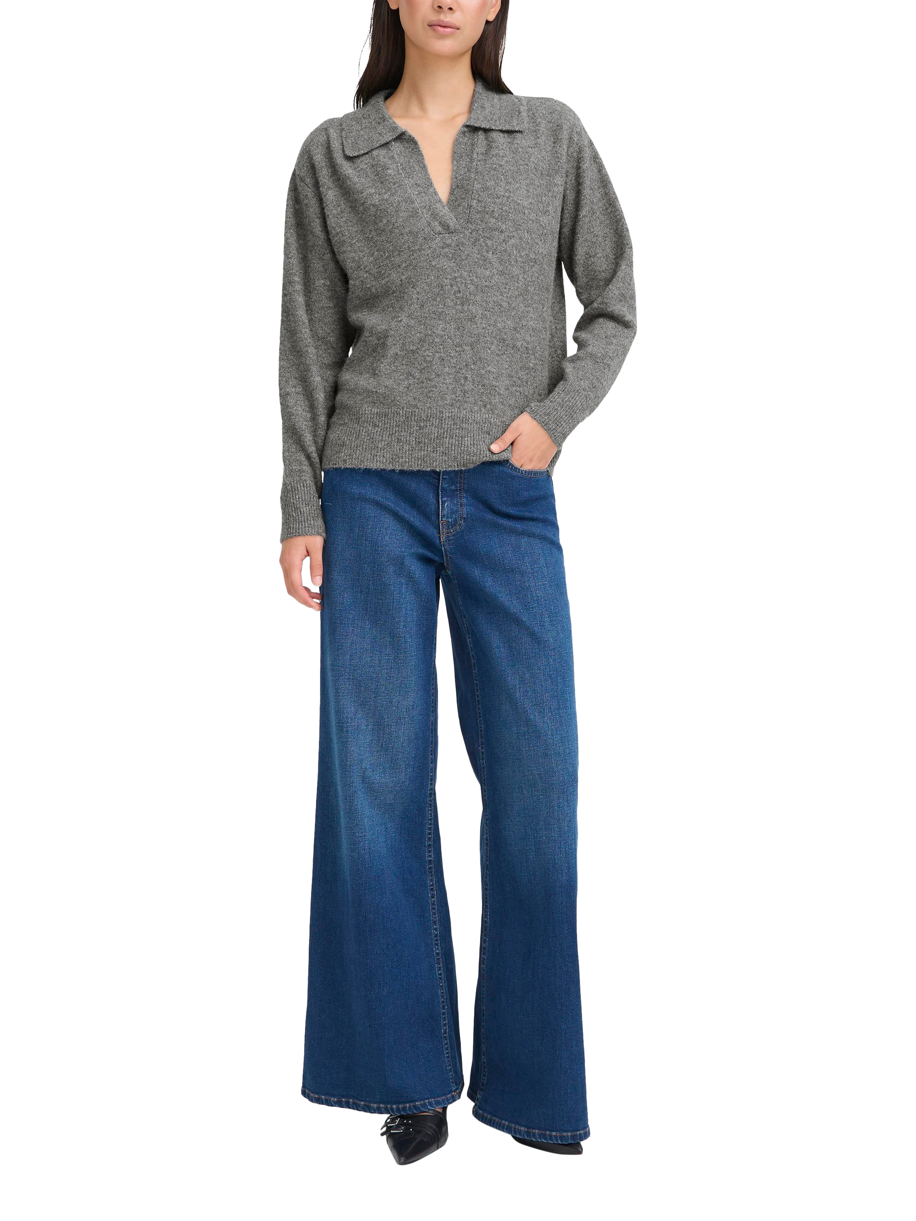 Product image 3 of 7, which shows ICHI Macon Long Sleeve Collared Jumper , Dark Grey Melange, XS