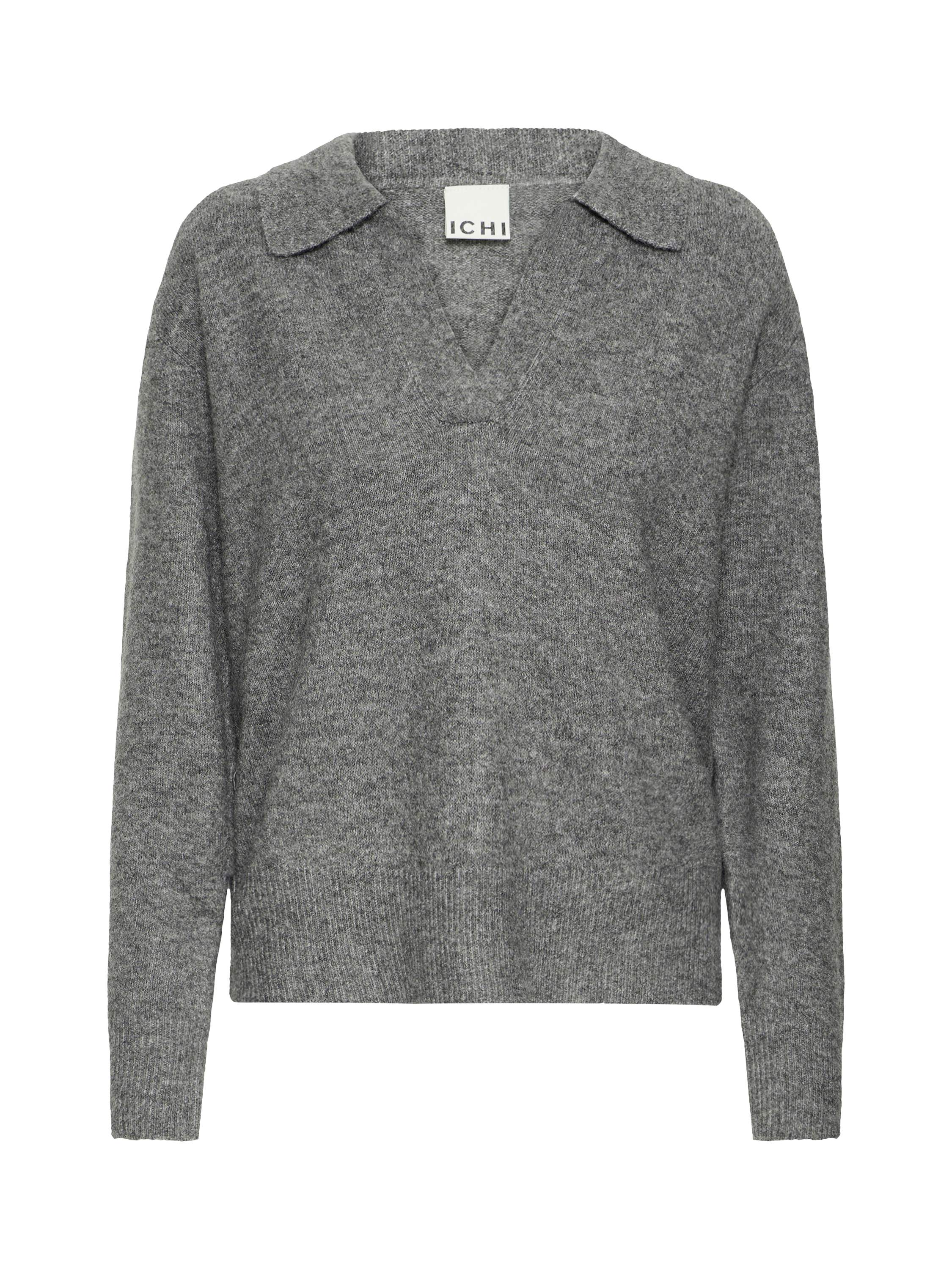 Product image 5 of 7, which shows ICHI Macon Long Sleeve Collared Jumper , Dark Grey Melange, XS