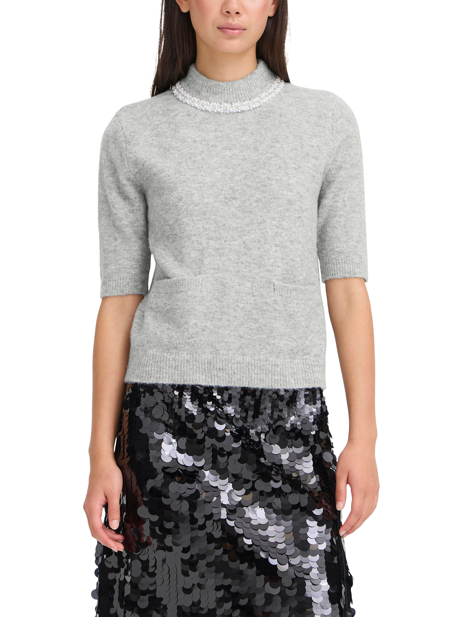 Product image 1 of 5, which shows ICHI Macon Embellished High Neck Short Sleeve Jumper , Grey Melange, XS