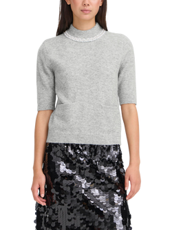 ICHI Macon Embellished High Neck Short Sleeve Jumper, Grey Melange