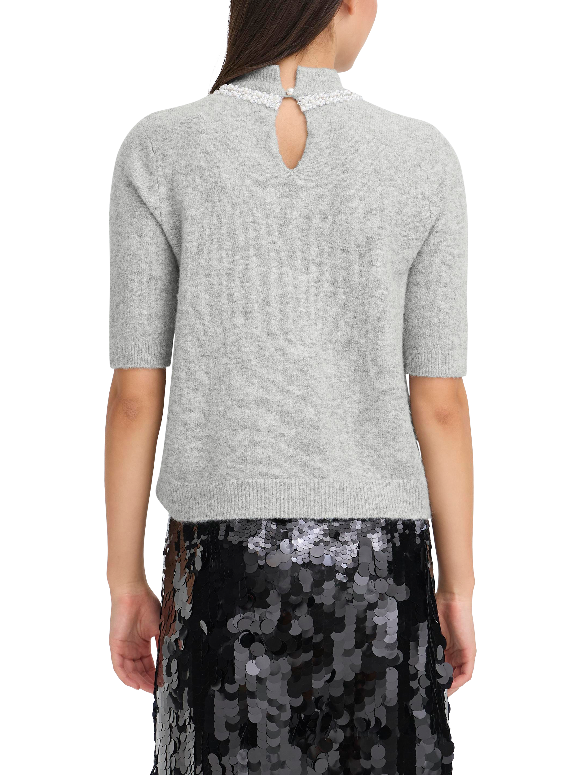 Product image 2 of 5, which shows ICHI Macon Embellished High Neck Short Sleeve Jumper , Grey Melange, XS